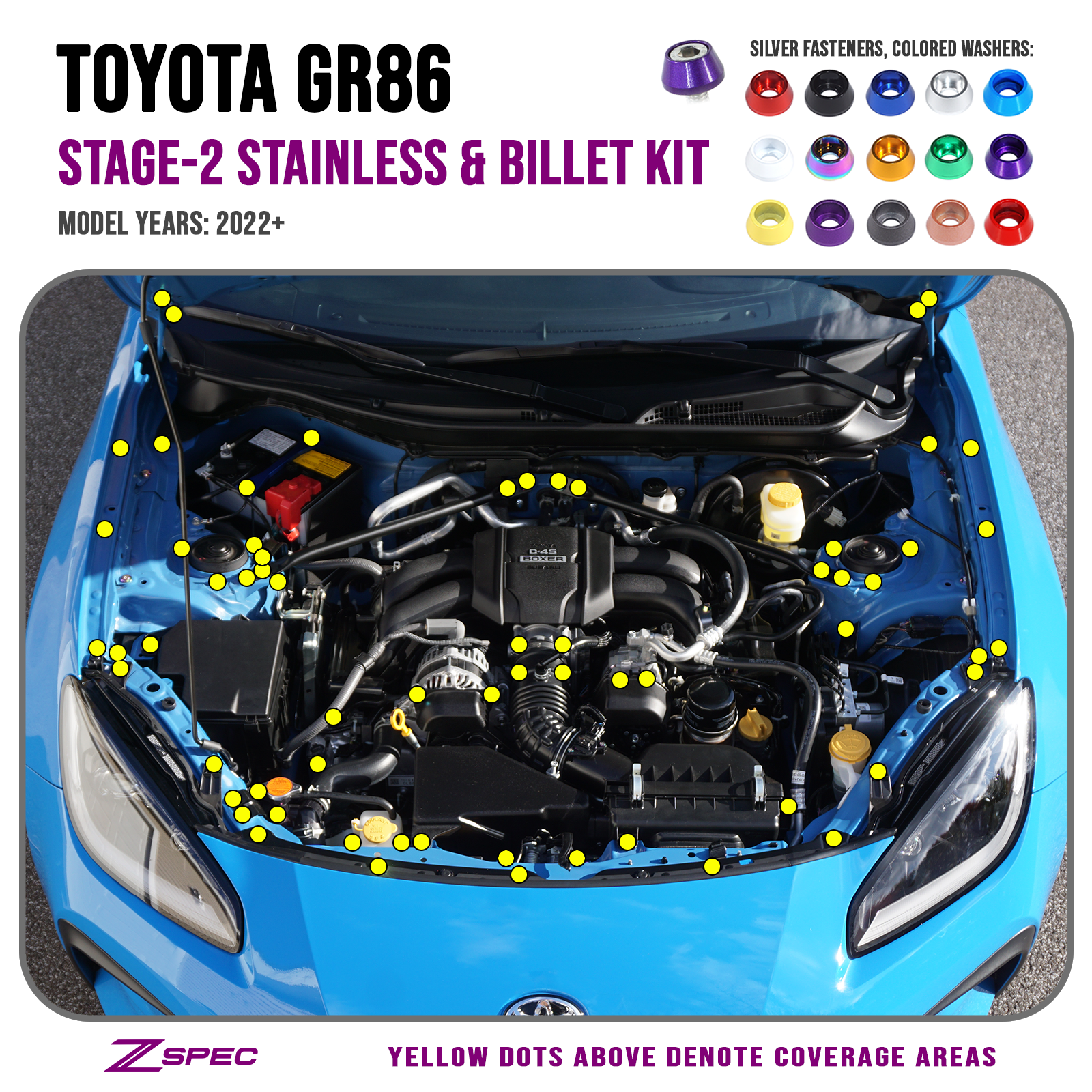 ZSPEC "Stage 2" Dress Up Bolts® Fastener Kit for '22+ Toyota GR86 & Subaru BRZ, Stainless & Billet - ZSPEC Design LLC - Hardware Fasteners - 86, brz, Fastener Kit, stage 2, subaru, toyota - zspecdesign.com