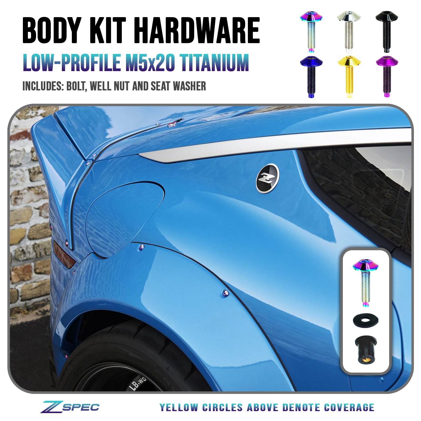 ZSPEC Body Kit Fastener, Low-Profile M5x20mm Titanium w/Well Nut, Sold per Each - ZSPEC Design LLC - Hardware Fasteners - per each abflug, aimgain, amuse, auto veloce, body, body hardware, body kit, clinched, damd, Do-Luck, Dress Up Bolt, fender, flare, fujimura, greddy, hamann, hks, ings+1, knight sports, kuhl, lbw, liberty walk, m-sports, m5, novitec, pandem, per each, rocket bunny, rowen, sense, street hunter, titanium, twinz, veilside, zele, zero sports - zspecdesign.com