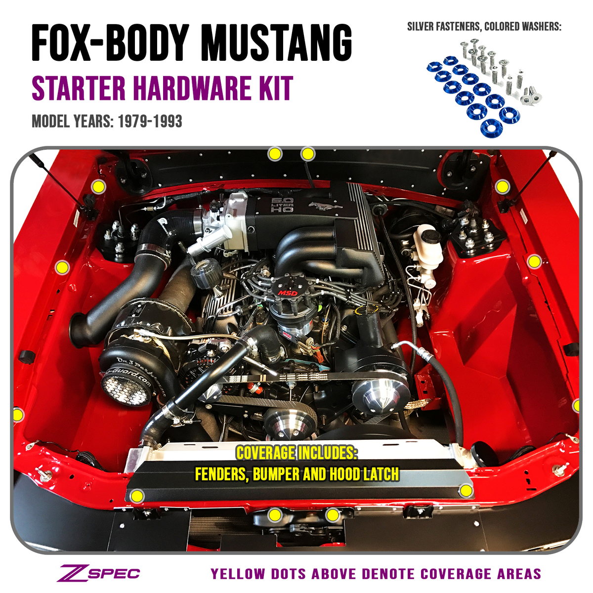 ZSPEC Fenders/Bumper/Hood Latch Kit, Mustang Fox-Body, Stainless & Billet - ZSPEC Design LLC - Hardware Fasteners - Fastener Kit, ford, fox, mustang - zspecdesign.com