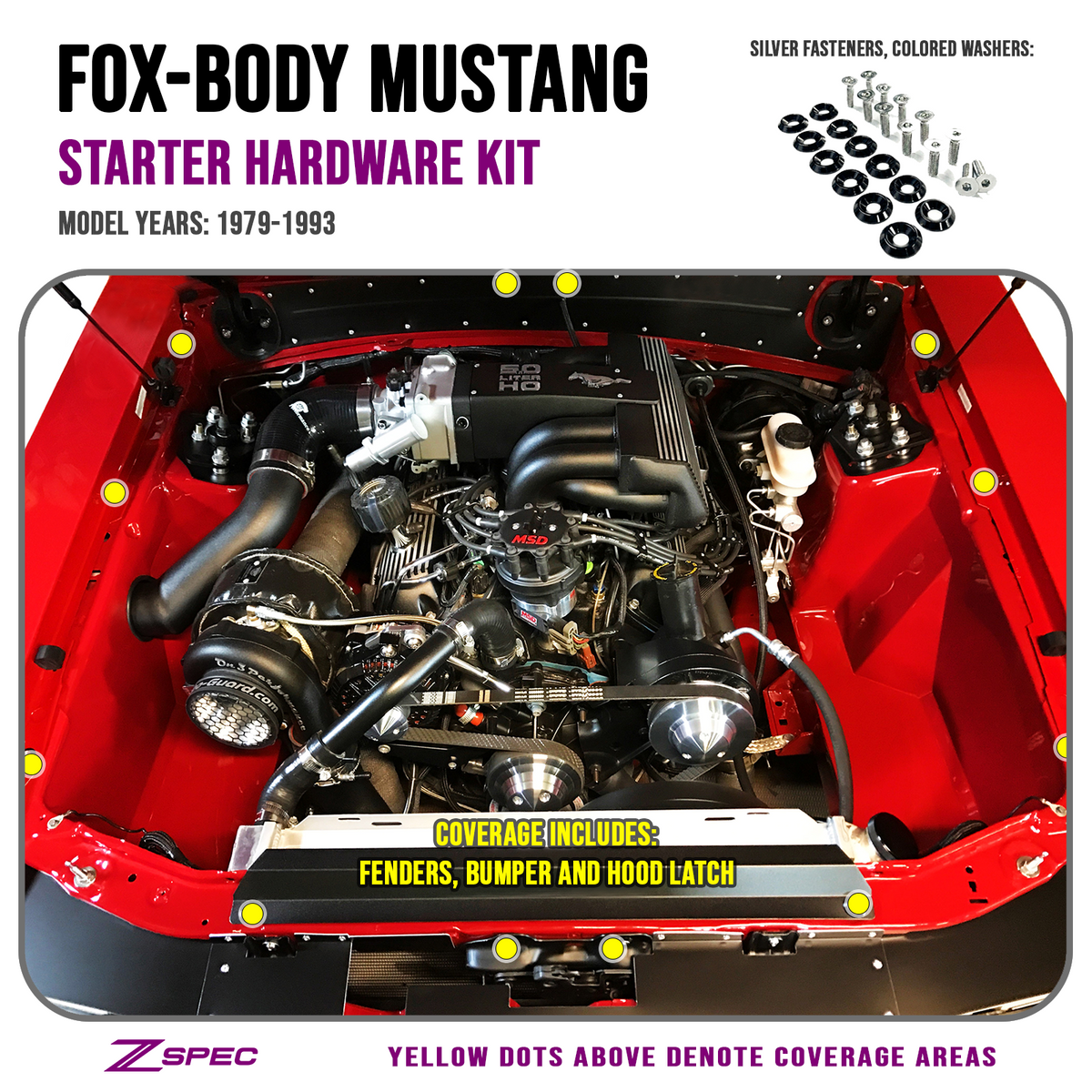 ZSPEC Fenders/Bumper/Hood Latch Kit, Mustang Fox-Body, Stainless & Billet - ZSPEC Design LLC - Hardware Fasteners - Fastener Kit, ford, fox, mustang - zspecdesign.com