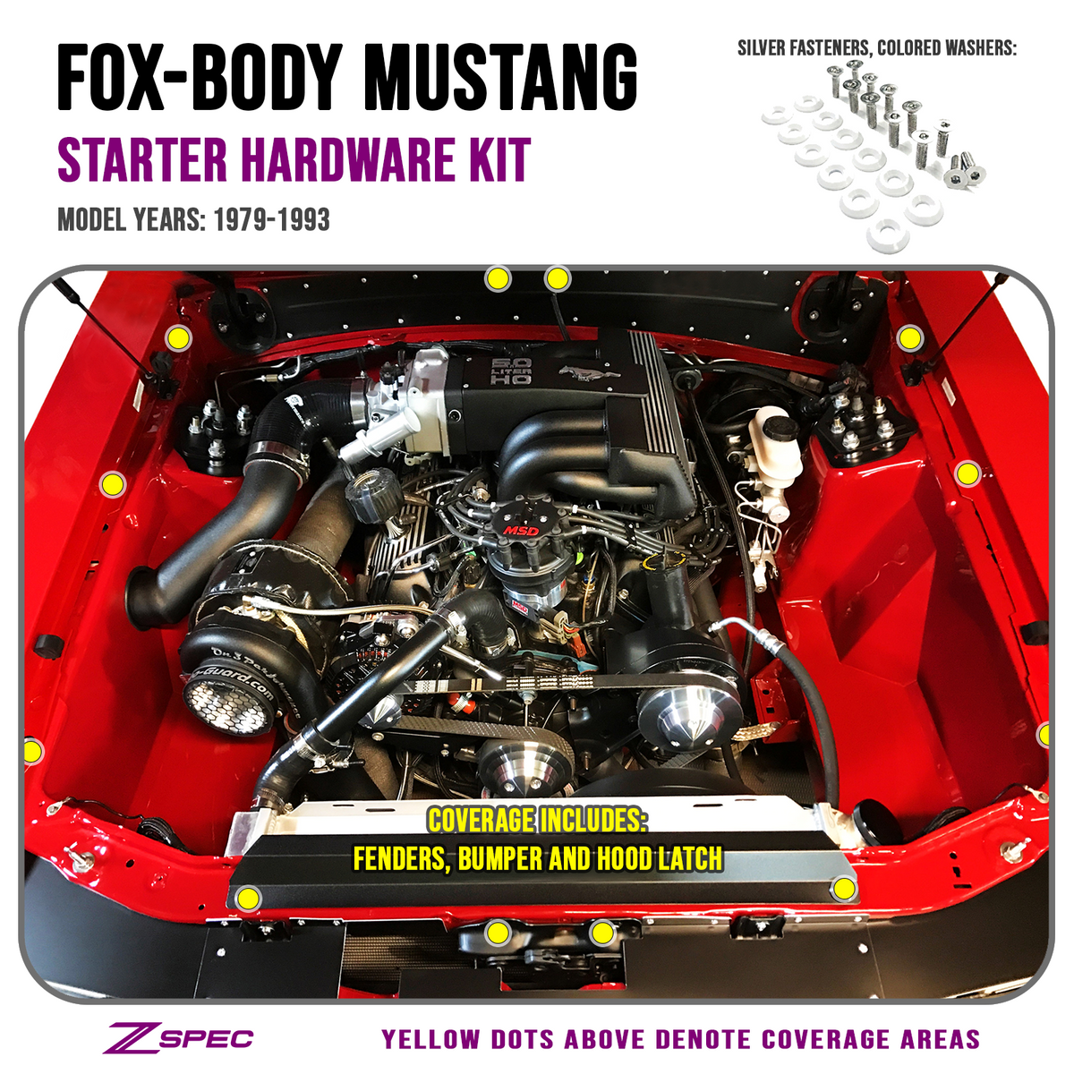 ZSPEC Fenders/Bumper/Hood Latch Kit, Mustang Fox-Body, Stainless & Billet - ZSPEC Design LLC - Hardware Fasteners - Fastener Kit, ford, fox, mustang - zspecdesign.com