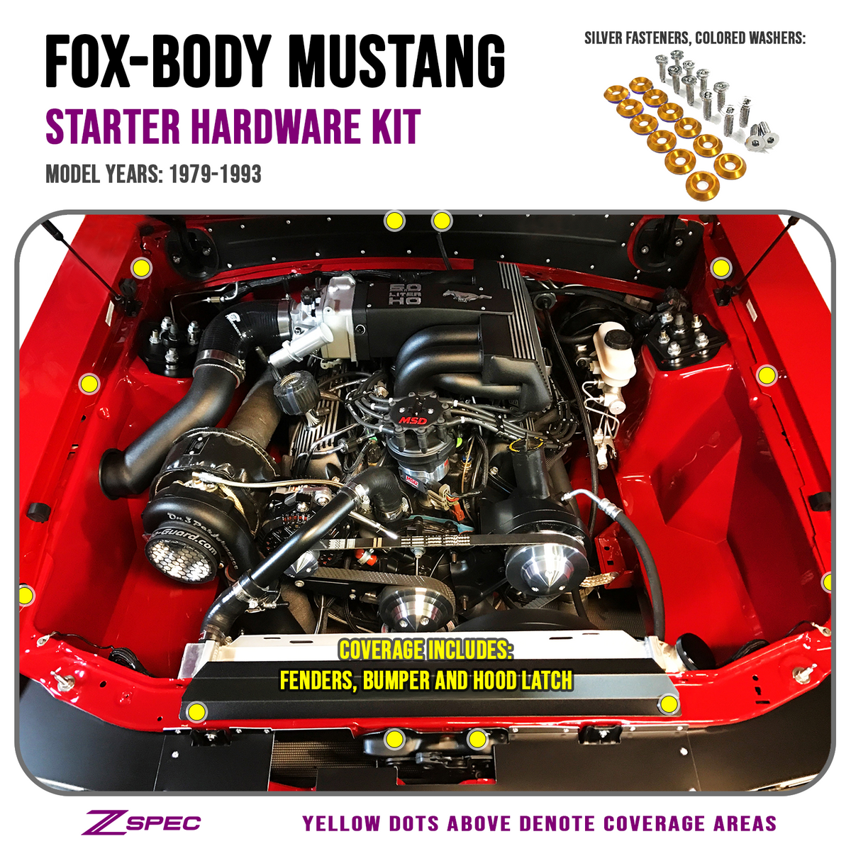 ZSPEC Fenders/Bumper/Hood Latch Kit, Mustang Fox-Body, Stainless & Billet - ZSPEC Design LLC - Hardware Fasteners - Fastener Kit, ford, fox, mustang - zspecdesign.com