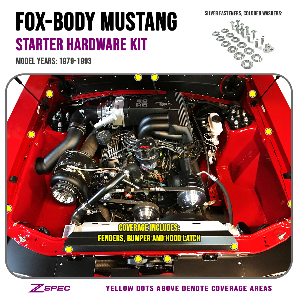 ZSPEC Fenders/Bumper/Hood Latch Kit, Mustang Fox-Body, Stainless & Billet - ZSPEC Design LLC - Hardware Fasteners - Fastener Kit, ford, fox, mustang - zspecdesign.com