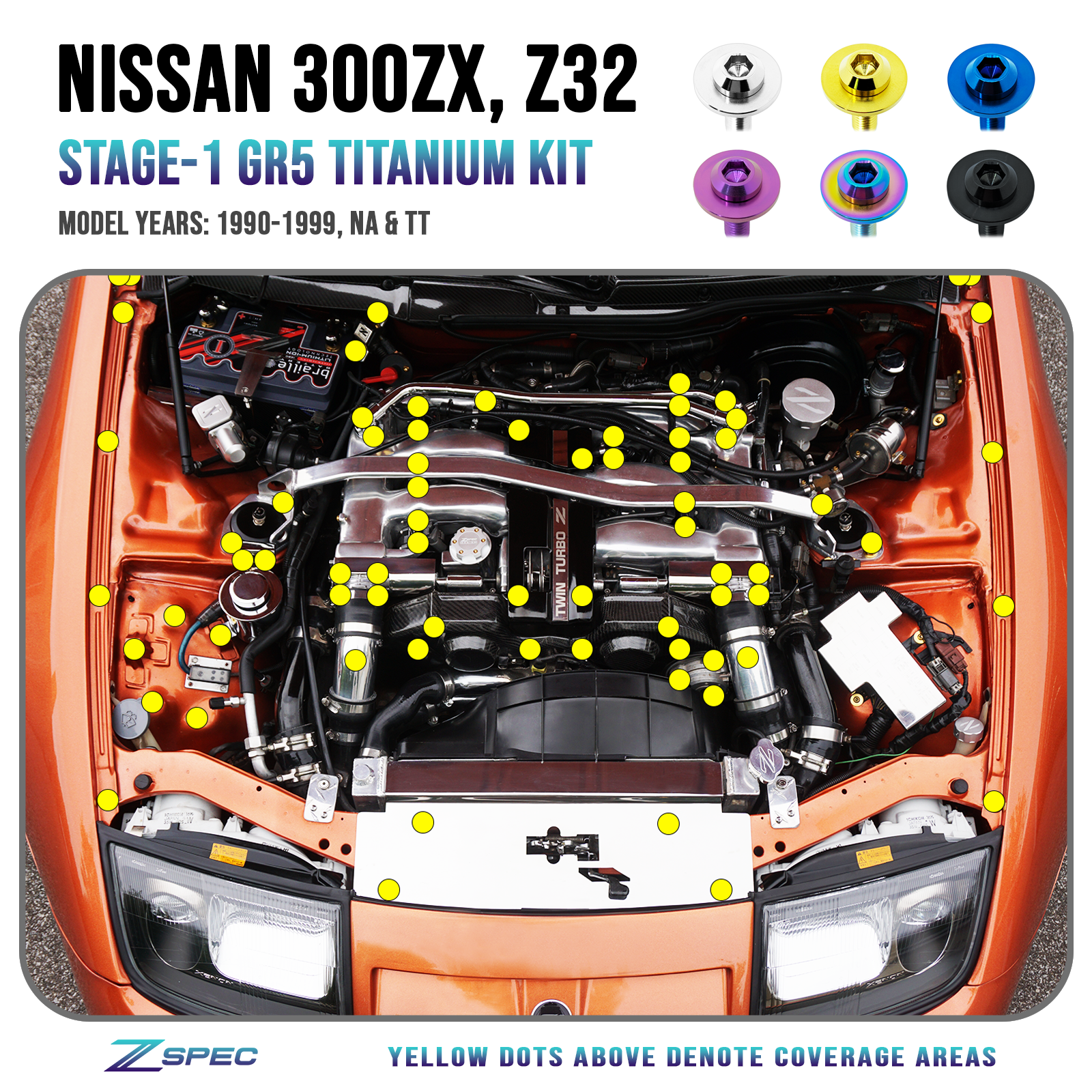 Aページ ZSPEC Stage-1 Dress Up Bolts® Hardware Kit, Nissan 300zx Z32