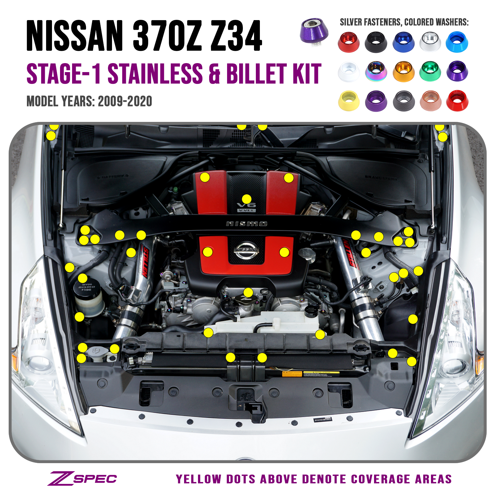 Nissan 370Z Z34 engine bay with stage-1 stainless & billet kit components and color options.