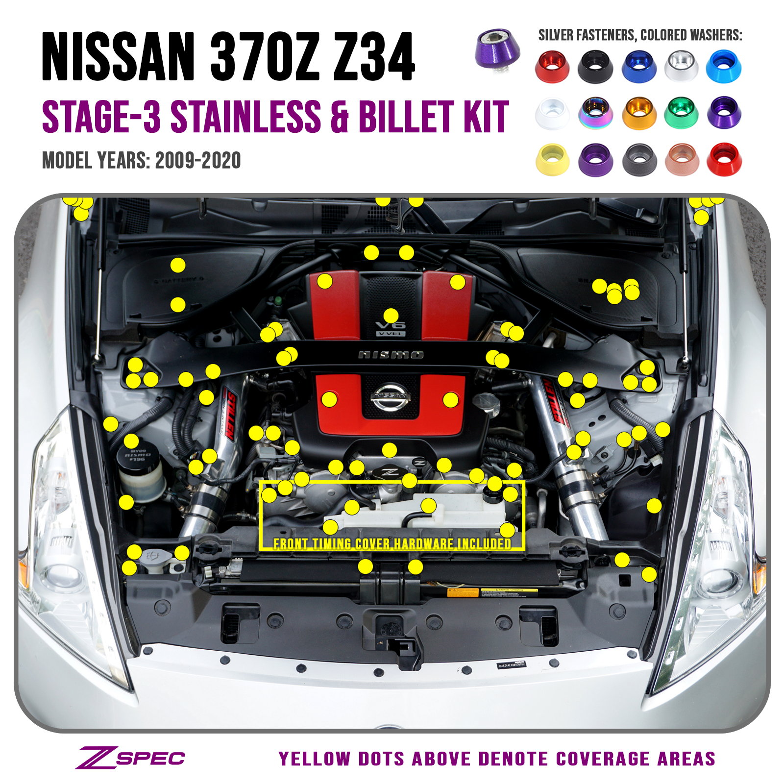 Nissan 370Z Z34 engine bay with stage-3 stainless & billet kit components and fastener color options.