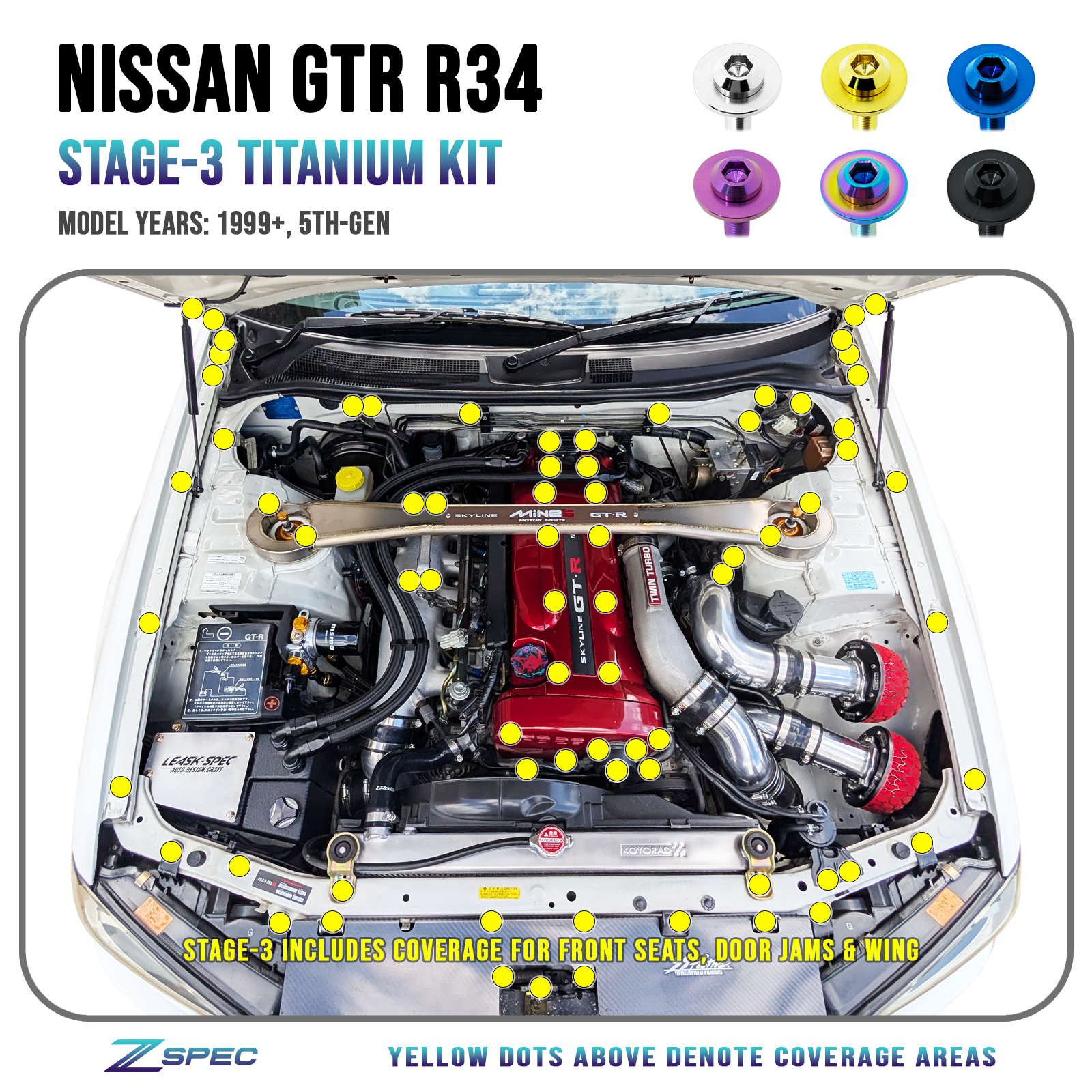 ZSPEC Titanium Hardware Kit for the Nissan Skyline GTR R34 Dress Up Bolts Fasteners Washers Fittings NISMO