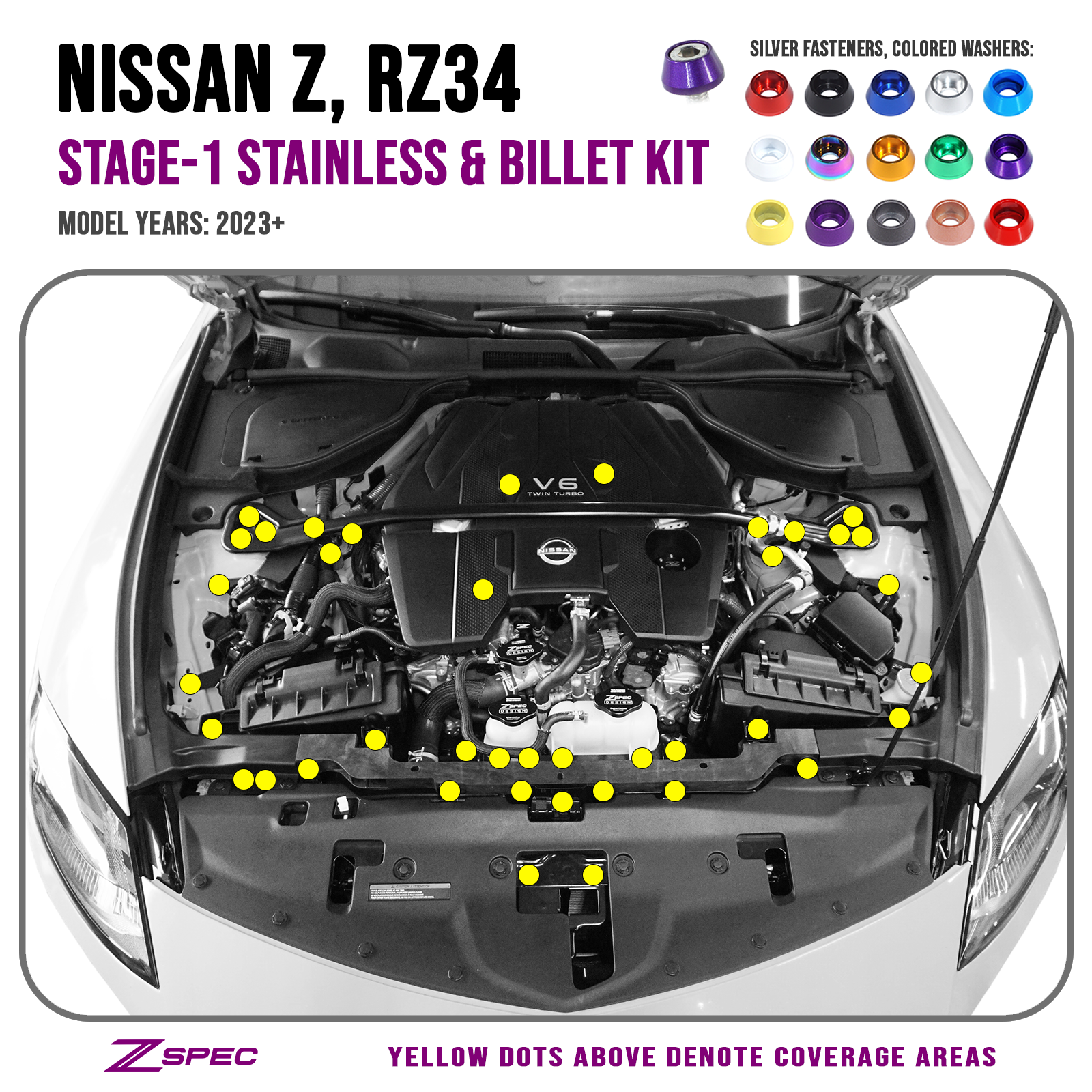ZSPEC "Stage 1" Dress Up Bolts® Hardware Kit for Nissan Z RZ34, Stainless & Billet - ZSPEC Design LLC - Hardware Fasteners - 400z, Fastener Kit, nissan, nissan z, RZ34, stage 1, titanium - zspecdesign.com