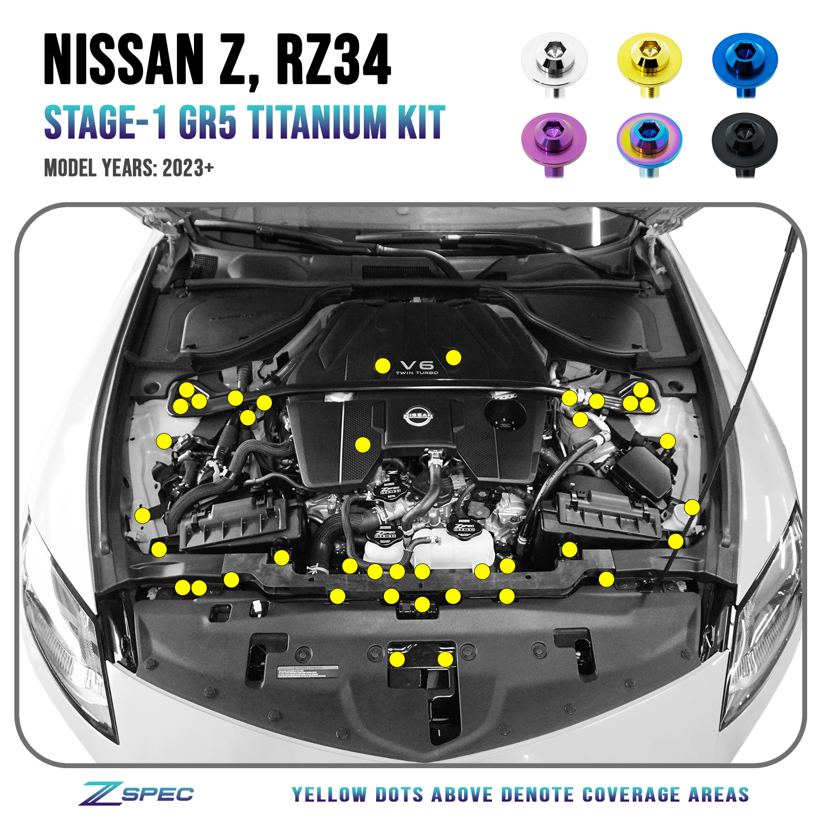ZSPEC "Stage 1" Dress Up Bolts® Hardware Kit for Nissan Z RZ34, Titanium - ZSPEC Design LLC - Hardware Fasteners - 400z, Fastener Kit, nissan, nissan z, RZ34, stage 1, titanium - zspecdesign.com