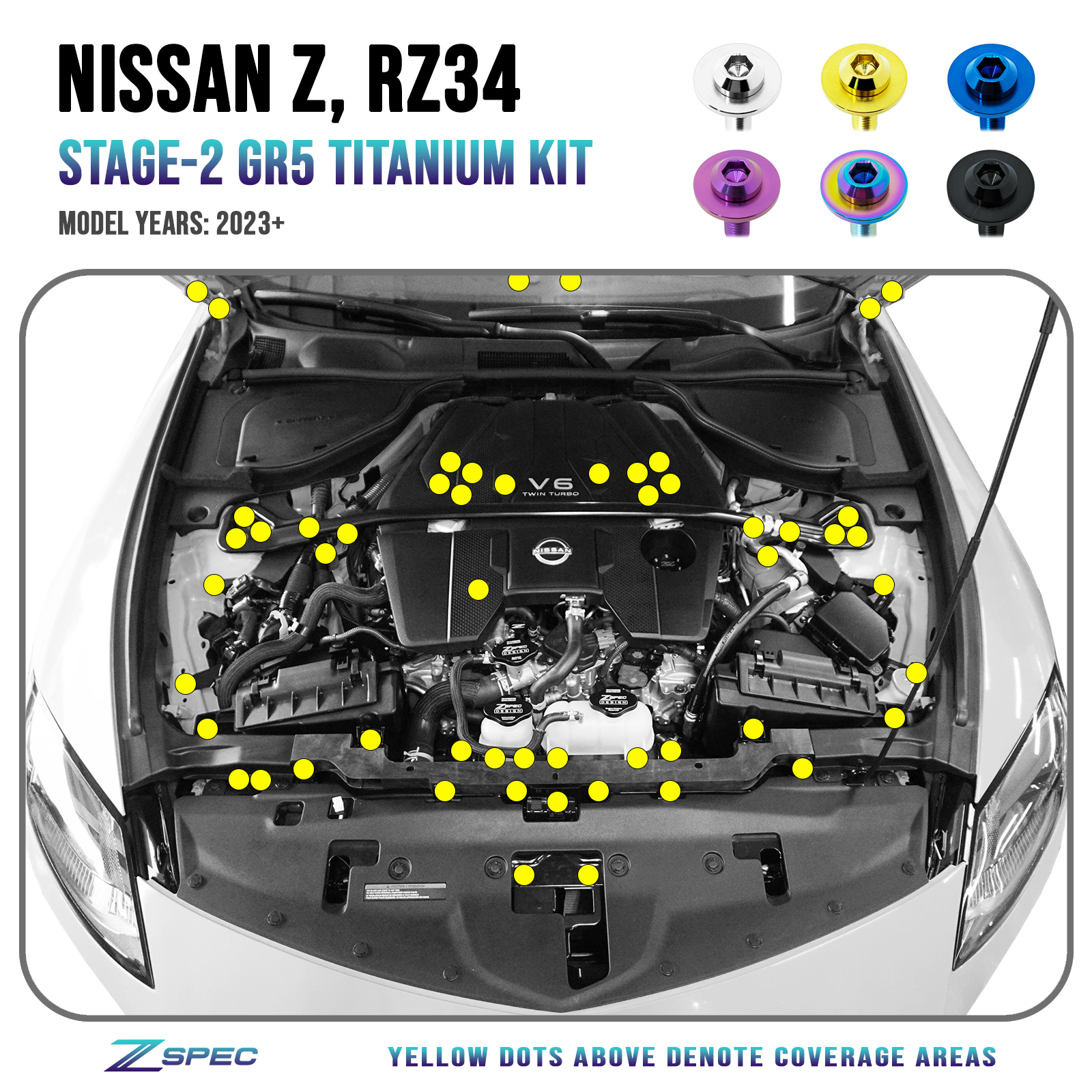 ZSPEC "Stage 2" Dress Up Bolts® Hardware Kit for Nissan Z RZ34, Titanium - ZSPEC Design LLC - Hardware Fasteners - 400z, Fastener Kit, nissan, nissanz, RZ34, stage 2, titanium - zspecdesign.com