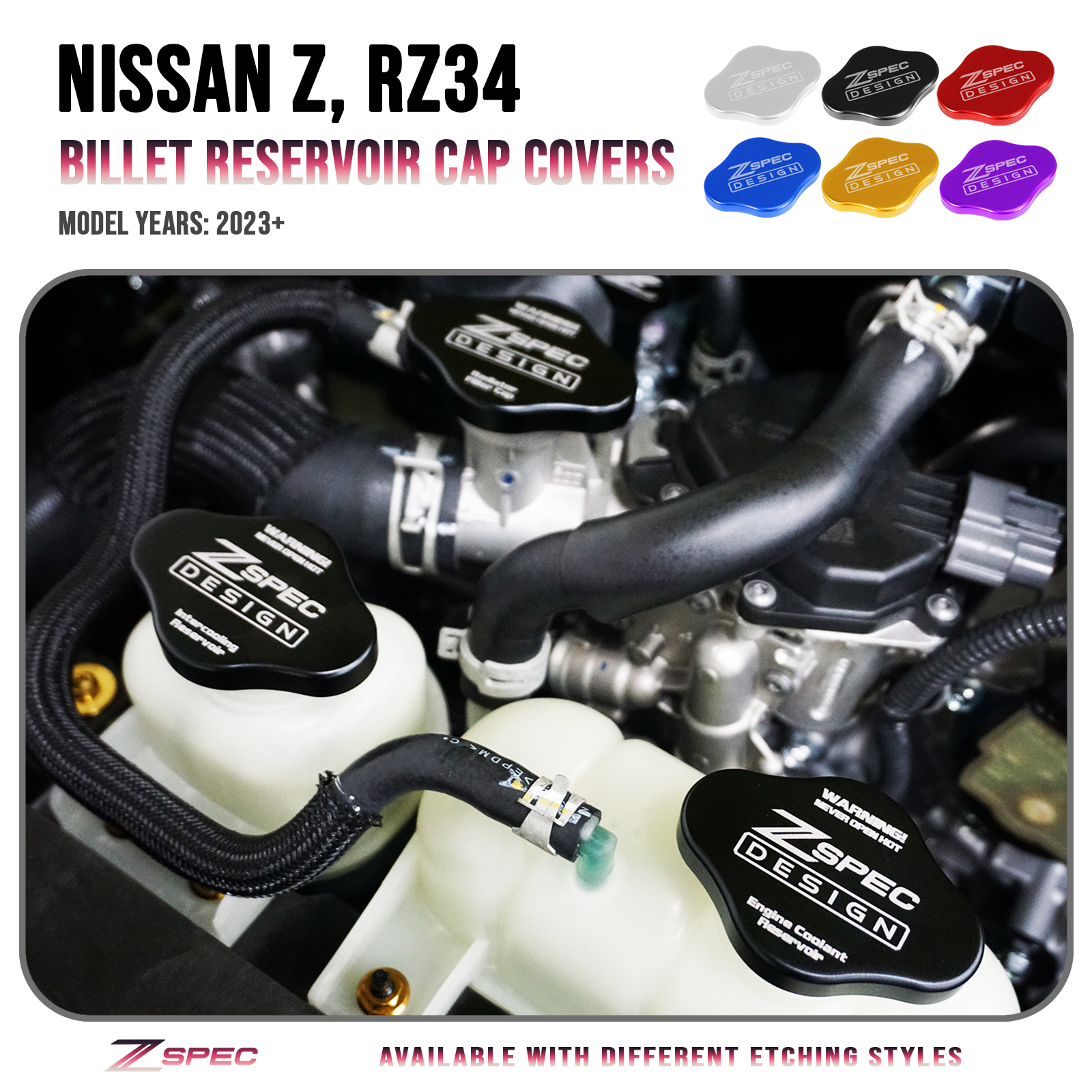 ZSPEC Fluid Reservoir Cap Covers Set for '23+ Nissan Z RZ34, Billet, 3 Caps - ZSPEC Design LLC - Hardware Fasteners - 400z, accessory, cap, nissan, nissan z, radiator cap cover, reservoir cap cover, RZ34 - zspecdesign.com