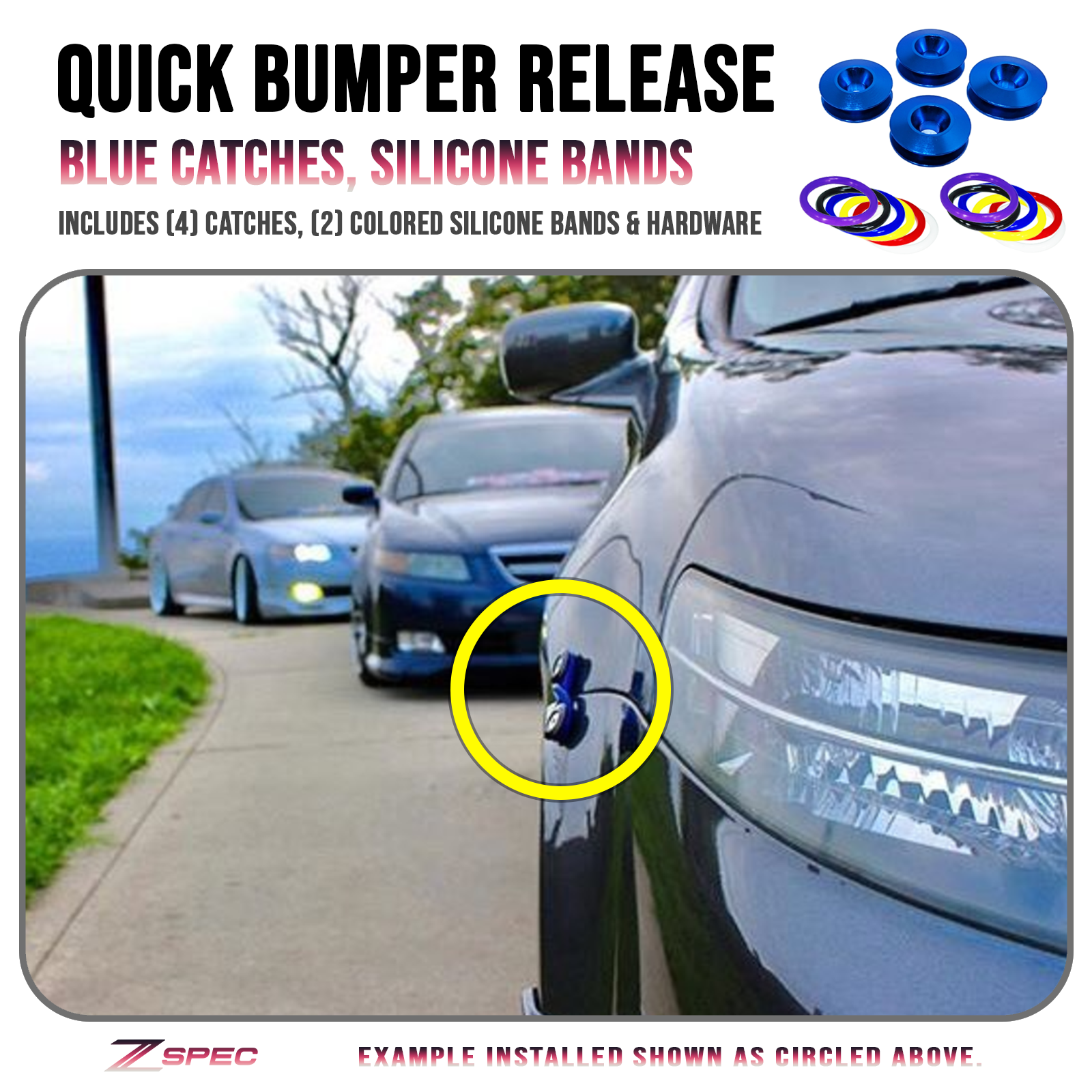 ZSPEC Quick Release Bumper Fastener Kit w/BLUE Catches & Colored Bands - ZSPEC Design LLC - Hardware Fasteners - Fastener Kit, quick release - zspecdesign.com