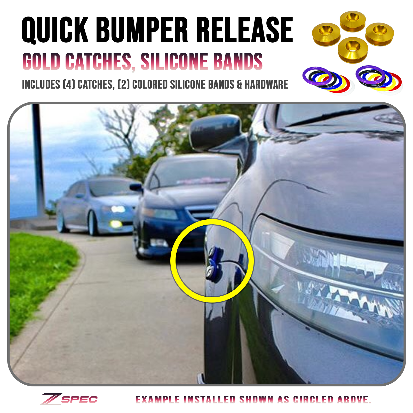 ZSPEC Quick Release Bumper Fastener Kit w/GOLD Catches & Colored Bands - ZSPEC Design LLC - Hardware Fasteners - Fastener Kit, quick release - zspecdesign.com