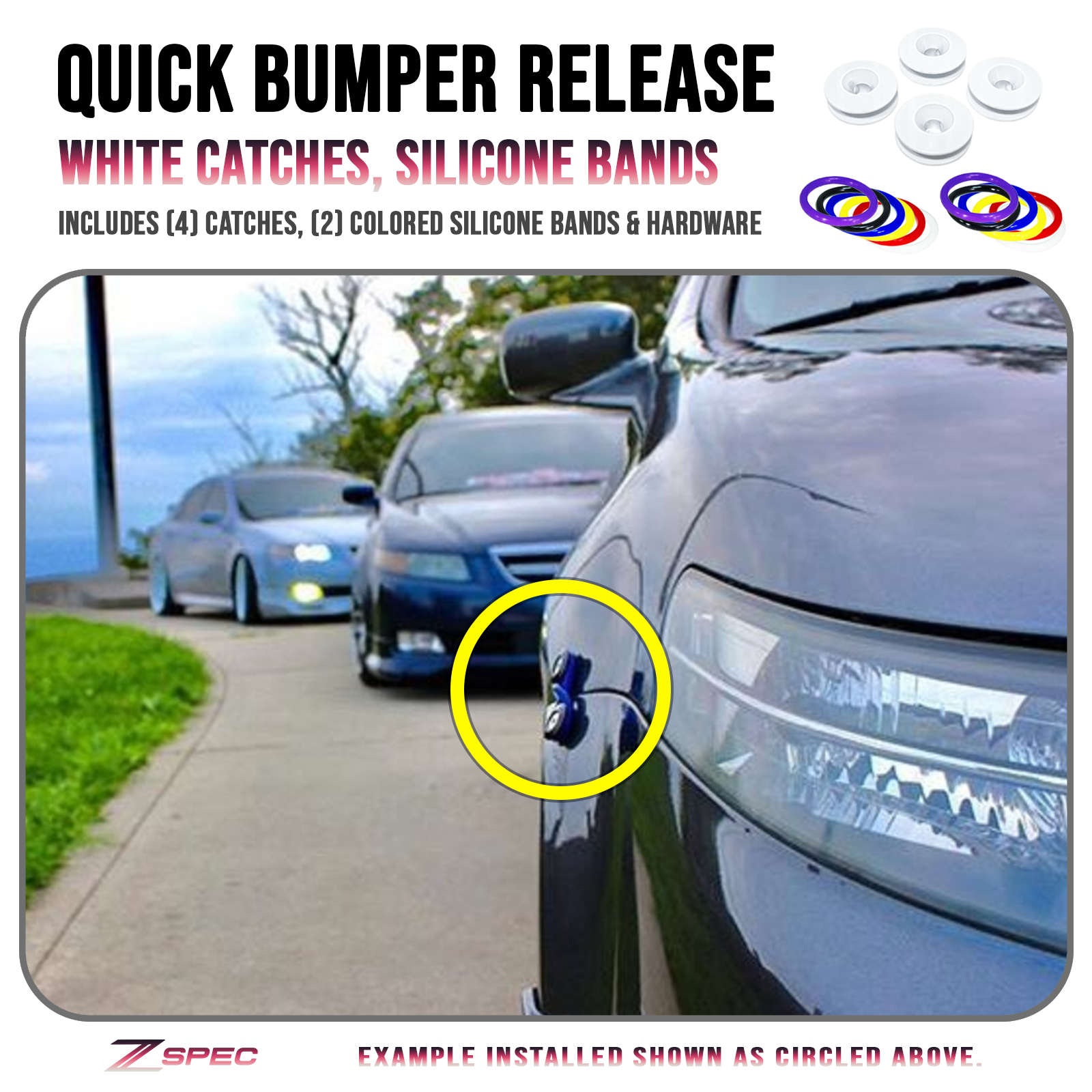 ZSPEC Quick Release Bumper Fastener Kit w/WHITE Catches & Colored Bands - ZSPEC Design LLC - Hardware Fasteners - Fastener Kit, quick release - zspecdesign.com