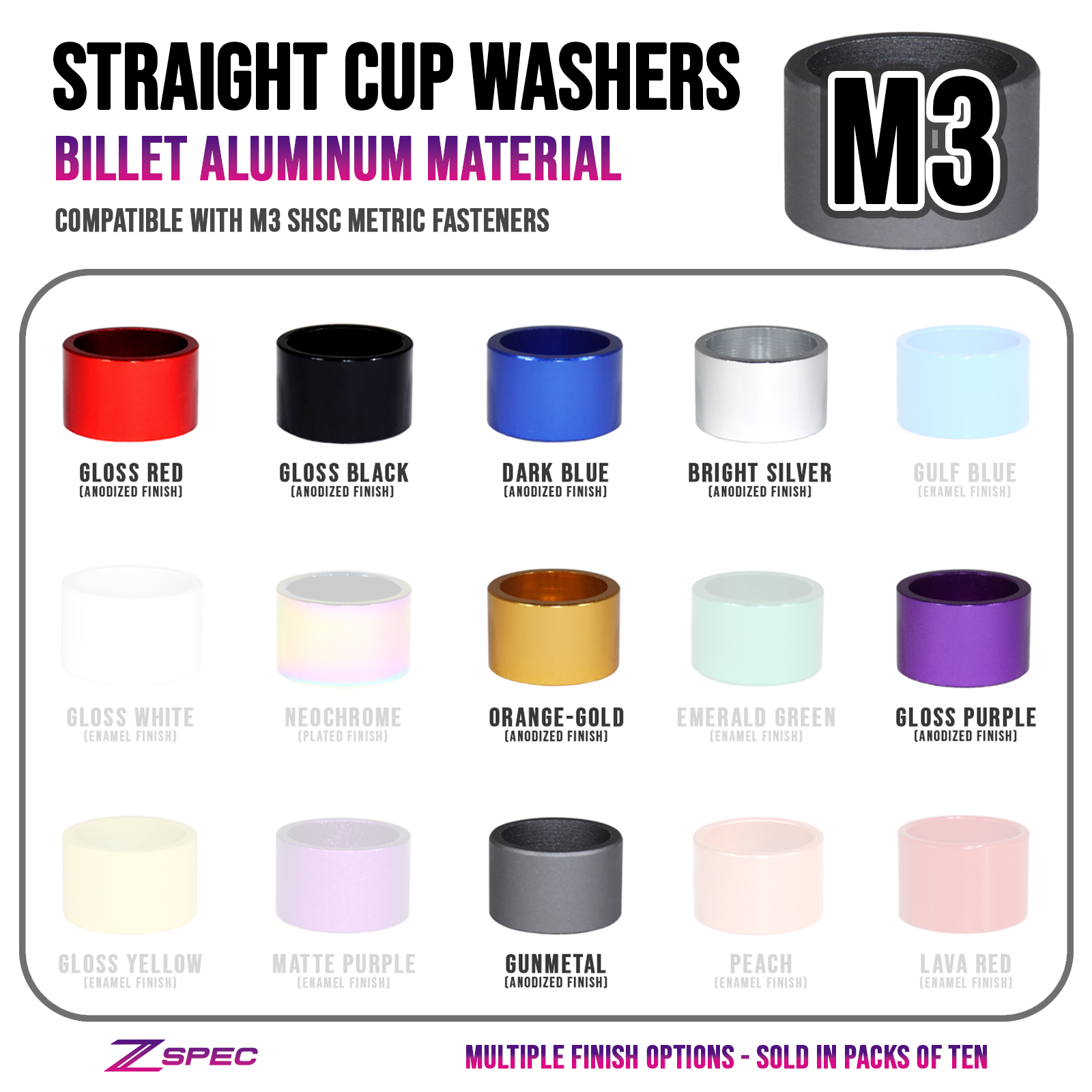 ZSPEC M3 Straight Cup Finish Washers for M3 SHSC Socket-Cap Fasteners, Billet, 10-Pack - ZSPEC Design LLC - Hardware Fasteners - 10-pack, billet hardware, Dress Up Washer, finish washer, m3, shsc, straight - zspecdesign.com