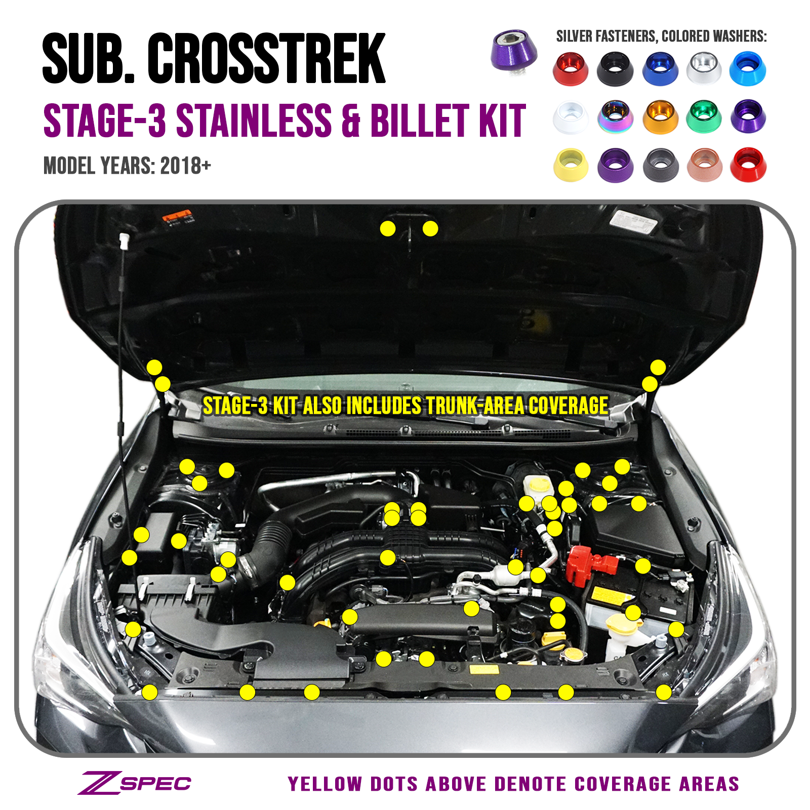 ZSPEC "Stage 3" Dress Up Bolts® Fastener Kit for '18-24 Subaru CrossTrek, Stainless & Billet Hardware - ZSPEC Design LLC - Hardware Fasteners - crosstrek, Fastener Kit, stage 3, subaru, Washer Color - zspecdesign.com