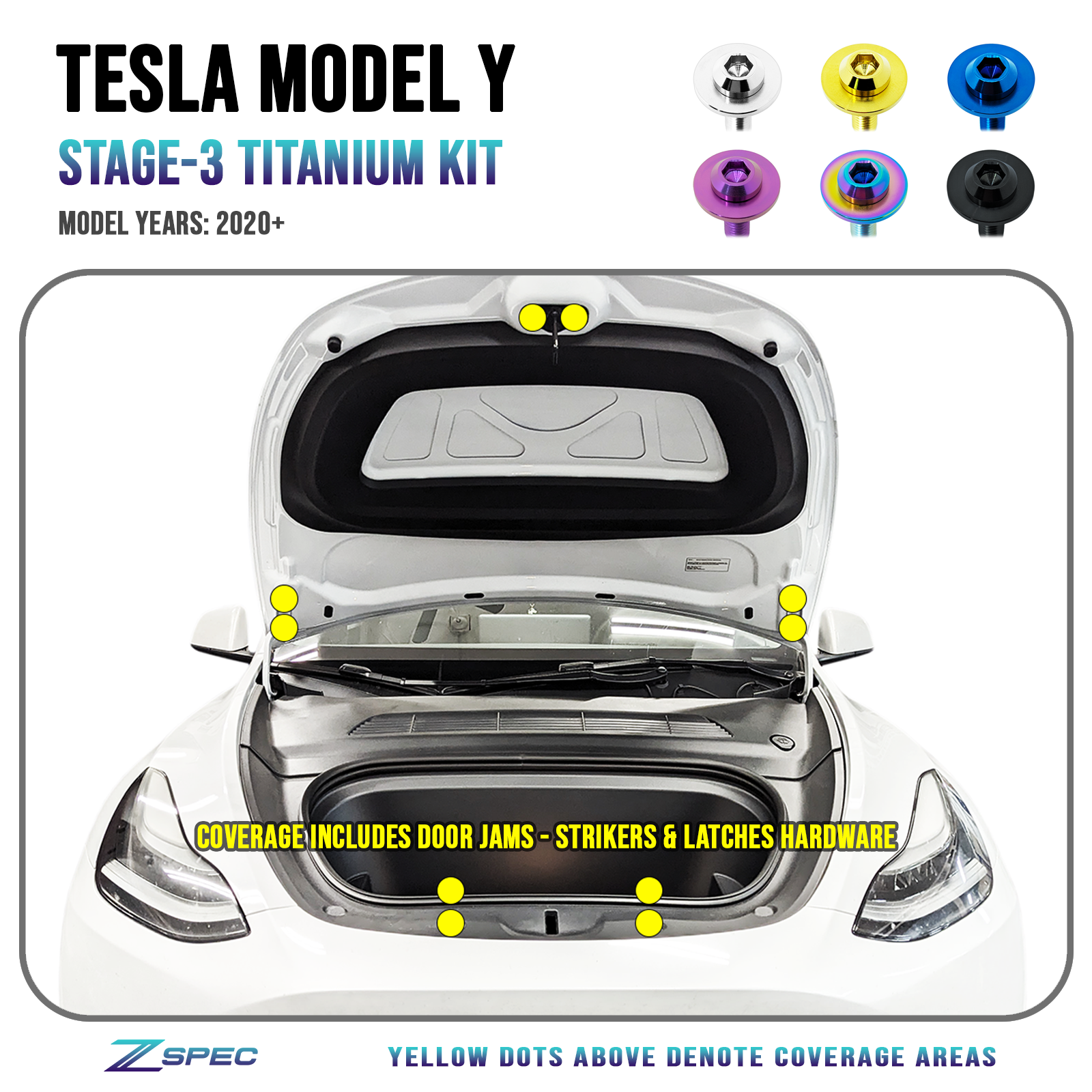 ZSPEC "Stage 3" Dress Up Bolts® Fastener Kit for the Tesla Model Y, Grade-5 Titanium - ZSPEC Design LLC - Hardware Fasteners - Fastener Kit, model 3, model3, stage 3, tesla, Washer Color - zspecdesign.com