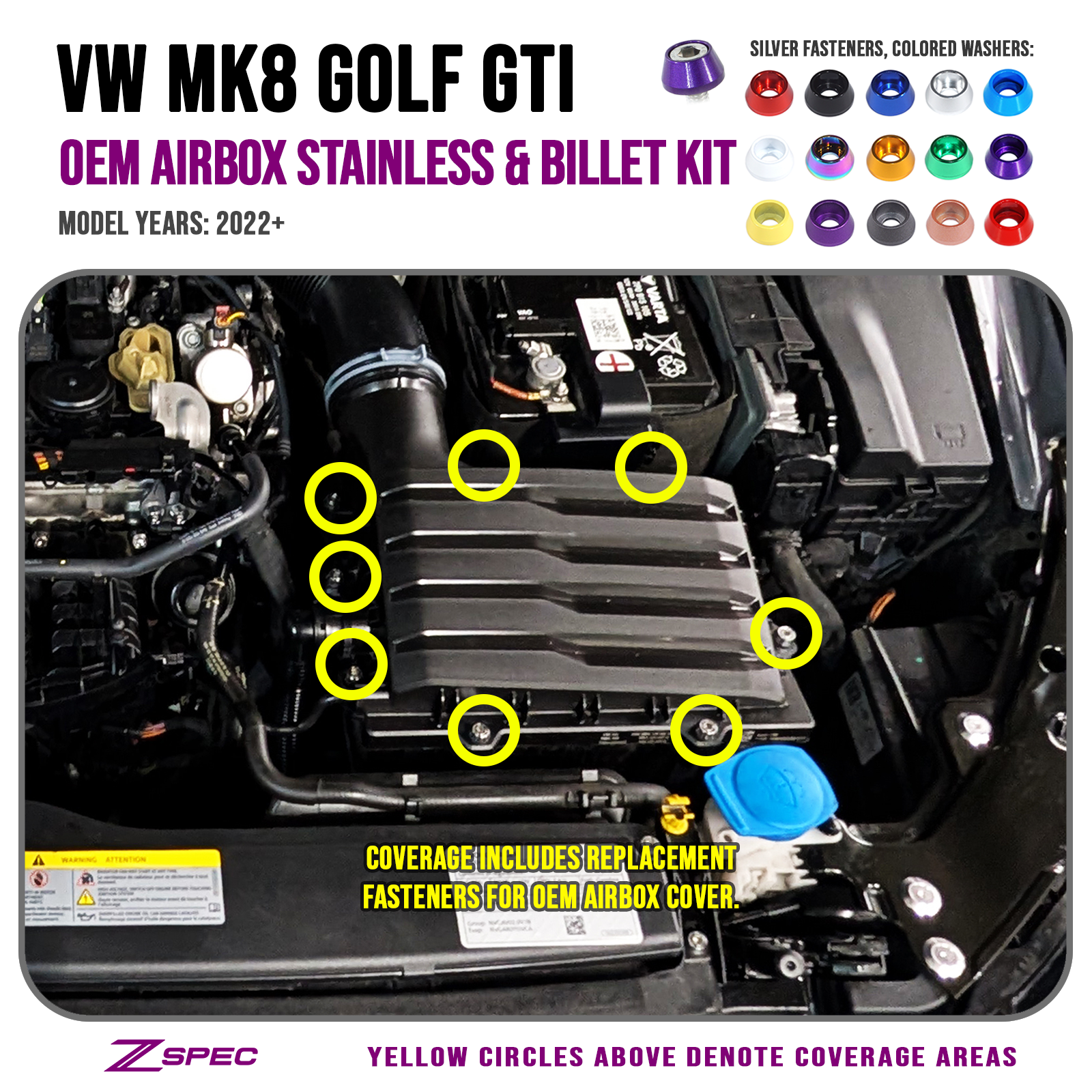 ZSPEC OEM Airbox Dress Up Bolts Fasteners Hardware Stainless & Billet Kit for 22+ VW MK8 Golf GTi
Grade-5 Titanium Hardware - Dress Up Bolts, Nuts and Washers from ZSPEC Design