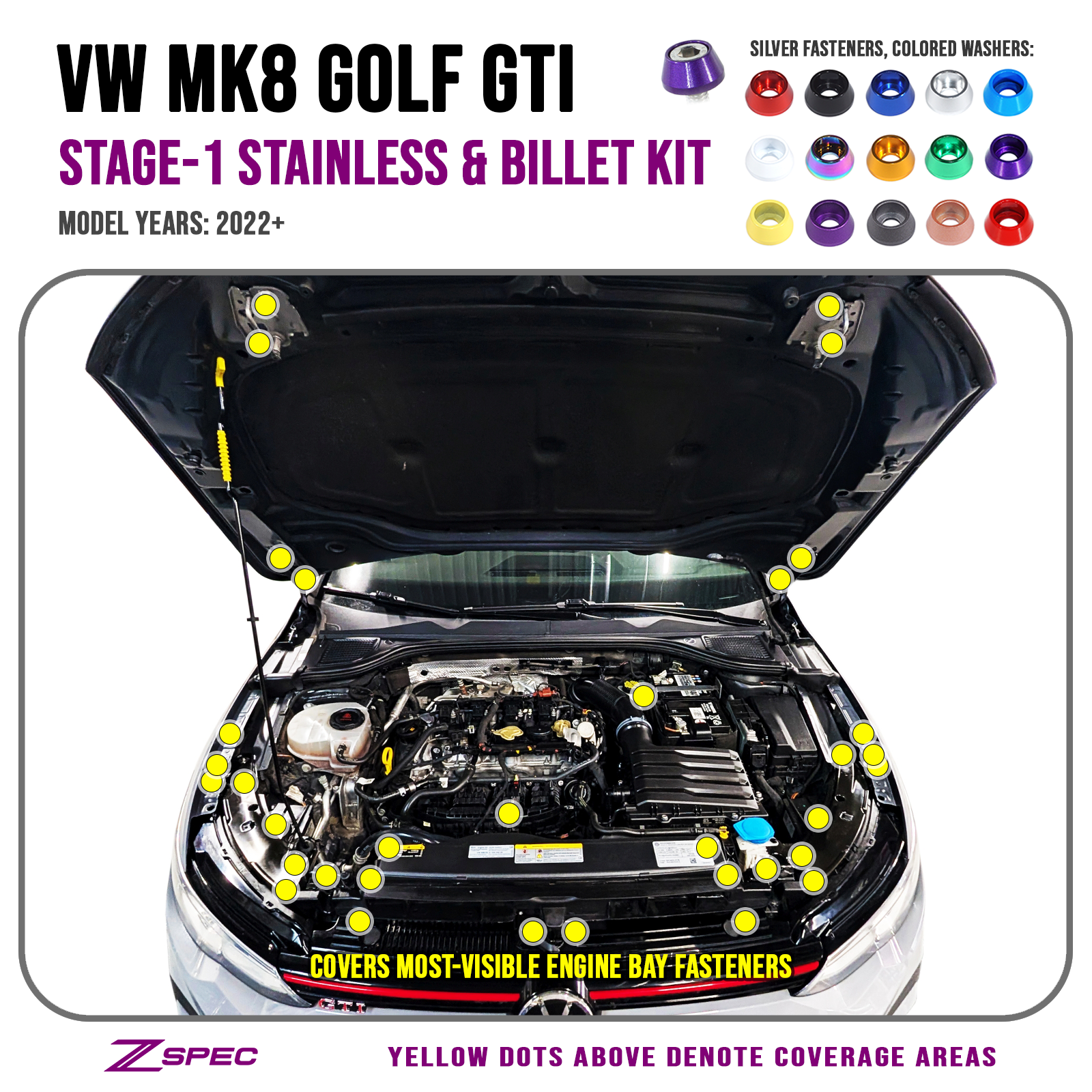 ZSPEC Staged Dress Up Bolts Stainless & Billet Kit for 22+ VW MK8 Golf GTi
Grade-5 Titanium Hardware - Dress Up Bolts, Nuts and Washers from ZSPEC Design