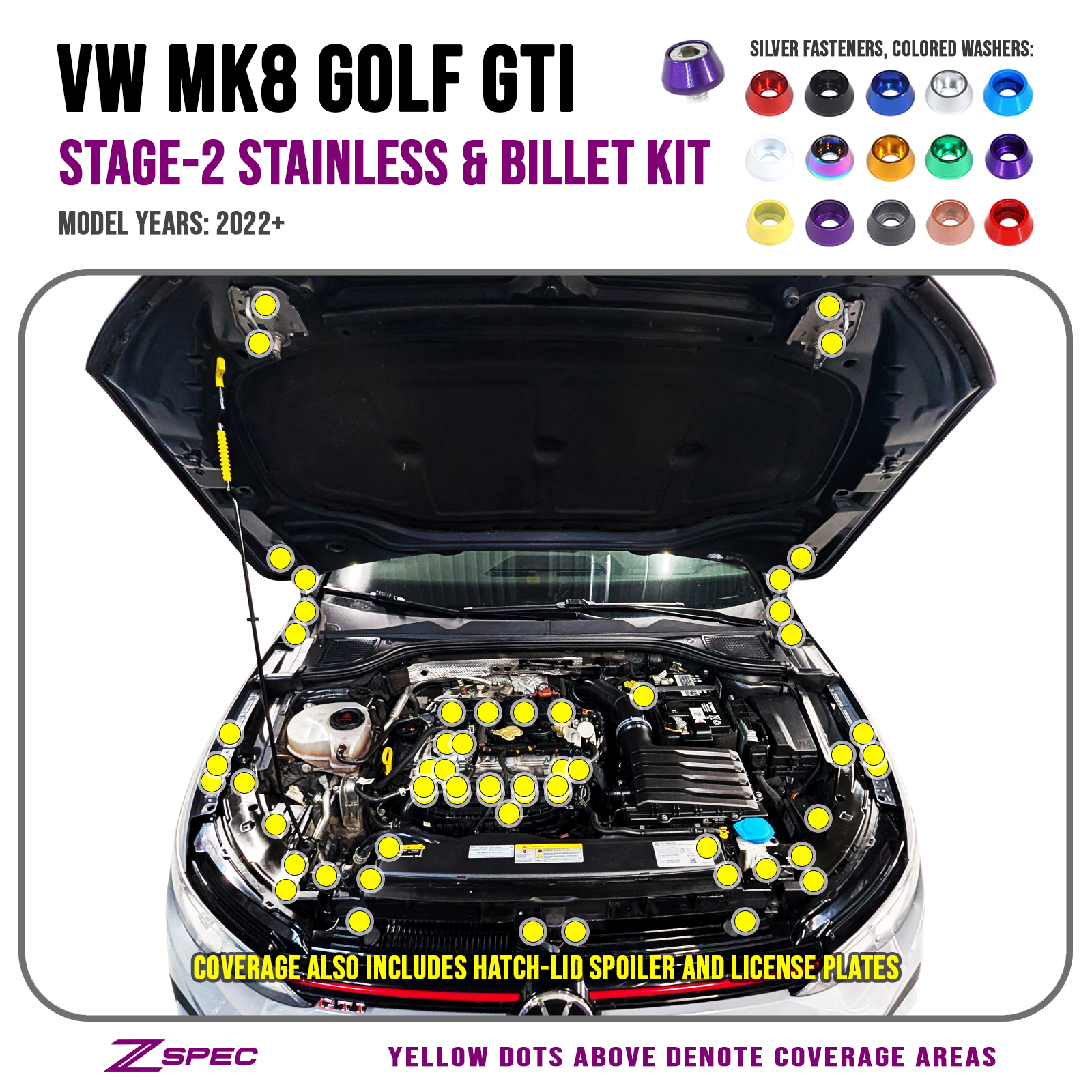 ZSPEC Staged Dress Up Bolts Stainless & Billet Kit for 22+ VW MK8 Golf GTi
Grade-5 Titanium Hardware - Dress Up Bolts, Nuts and Washers from ZSPEC Design