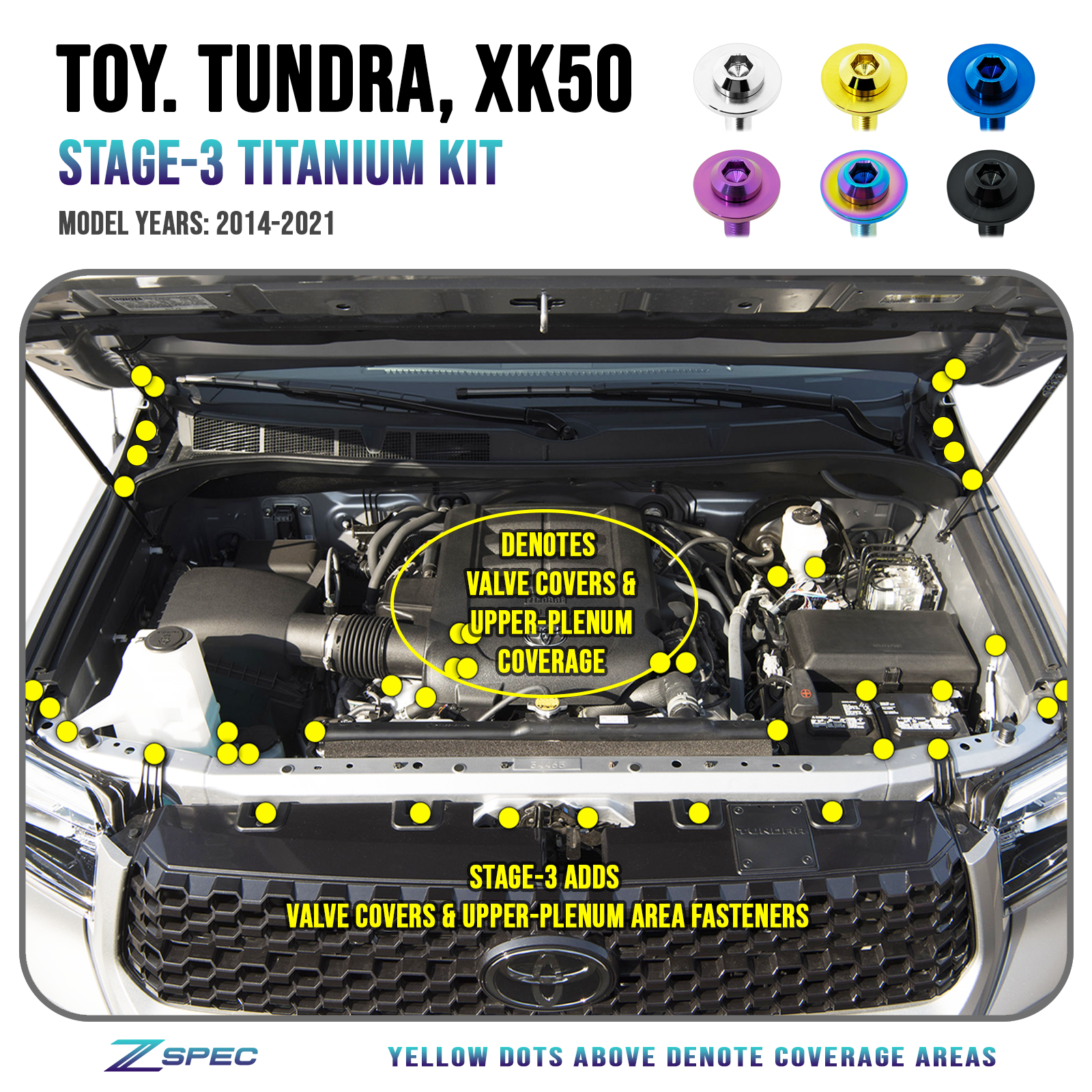 ZSPEC Stage-3 Fastener Kit for the Tundra XK50, Grade-5 Titanium
Specifications:
Grade-5 Titanium
Bagged & Labeled
Lightweight, Visual Upgrade