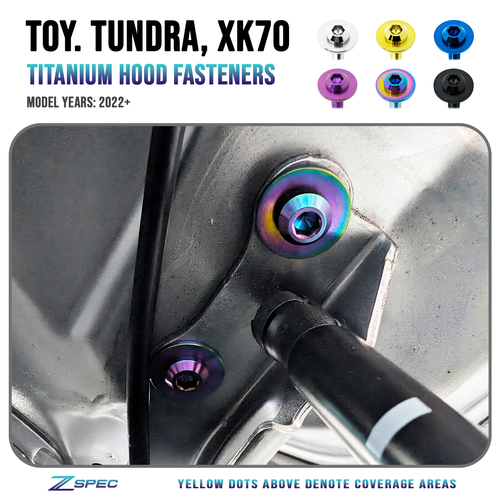 ZSPEC Hood Fastener Kit for the '22+ Tundra XK70, Grade-5 Titanium Hardware
Specifications:
Grade-5 Titanium
Bagged & Labeled
Lightweight, Visual Upgrade