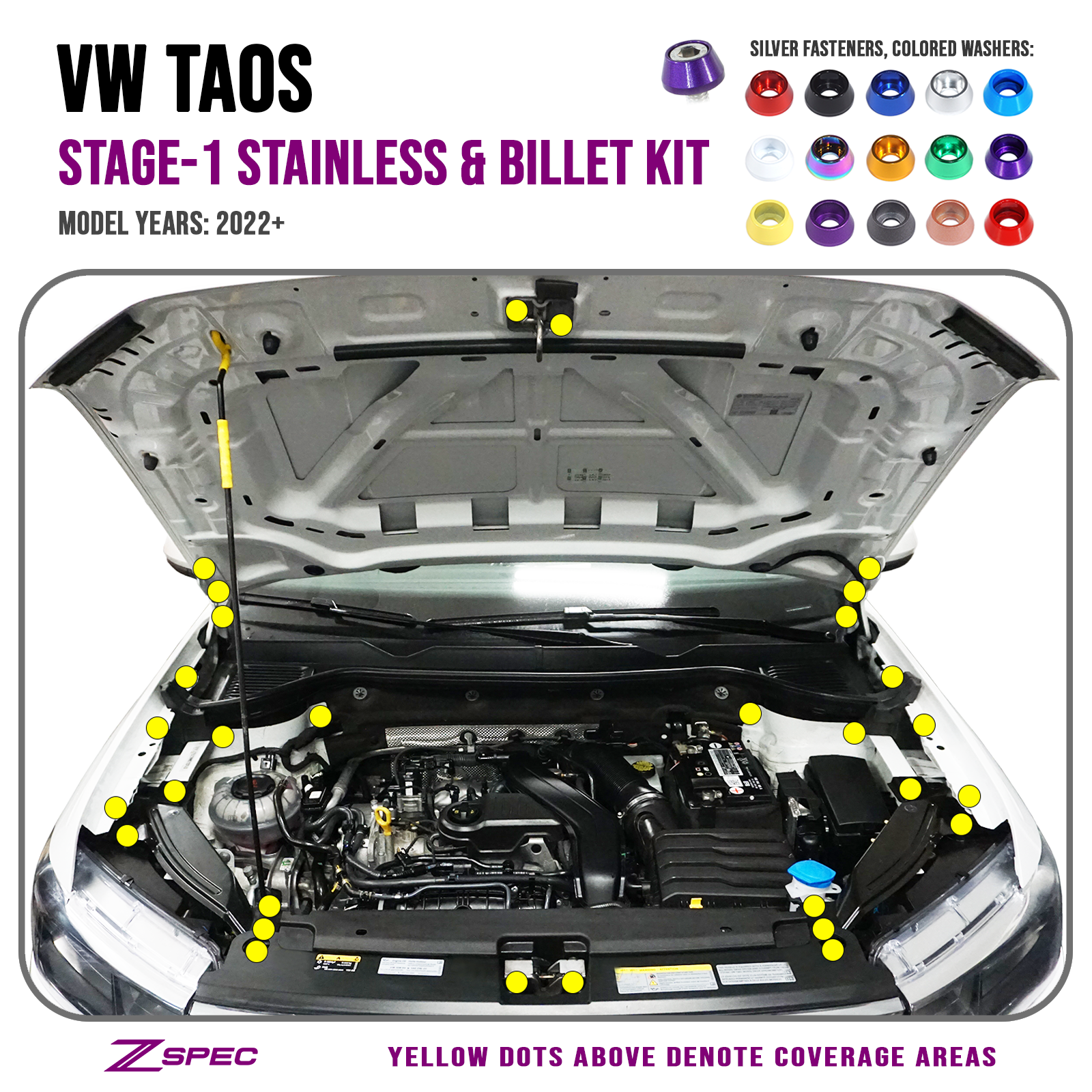 ZSPEC "Stage 1" Dress Up Bolts® Fastener Kit for '22+ VW Taos, Stainless & Billet - ZSPEC Design LLC - Hardware Fasteners - Fastener Kit, stage 1, taos, volkswagen, vw - zspecdesign.com