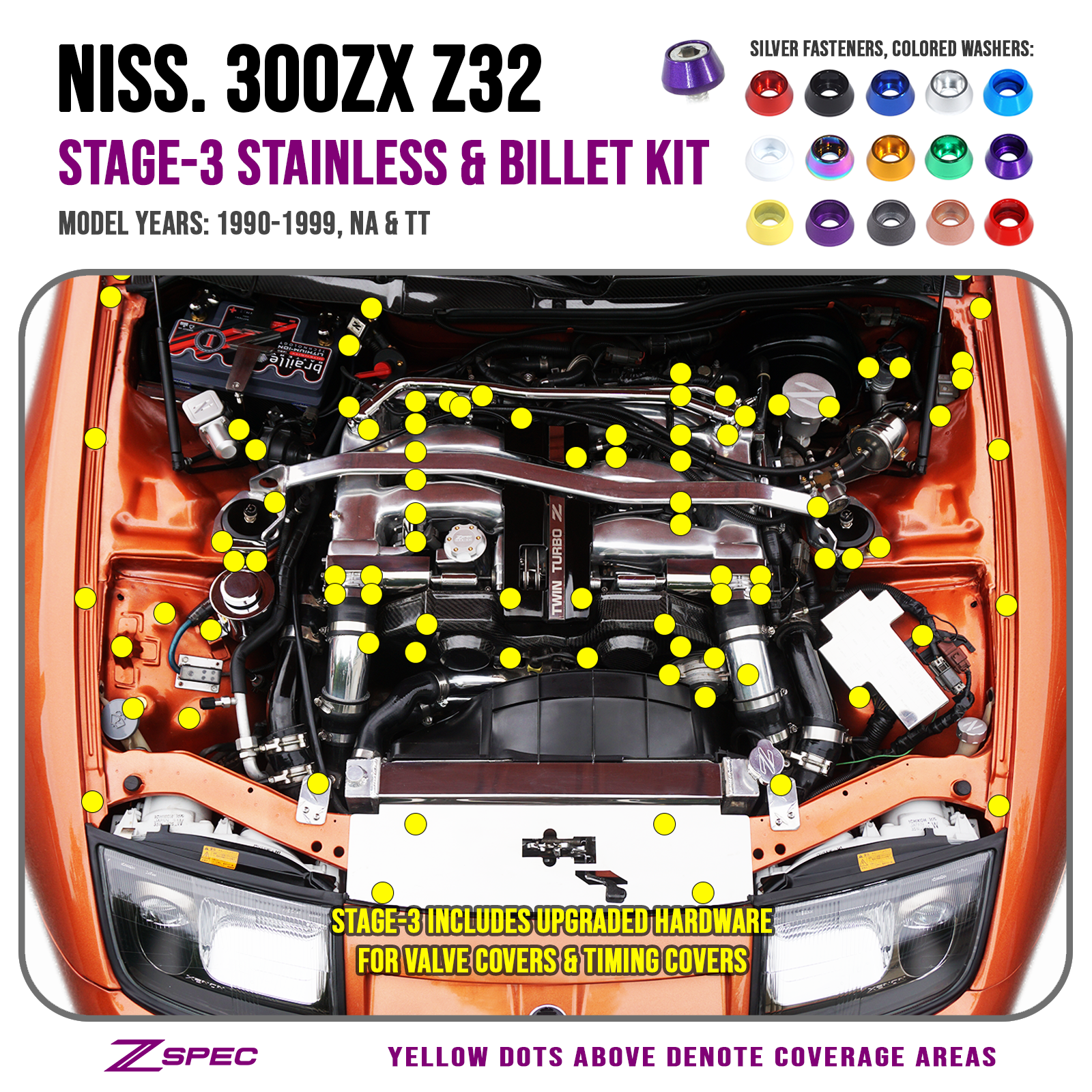 ZSPEC "Stage 3" Dress Up Bolts® Fastener Kit for Nissan 300zx Z32, Upgraded Timing Bolts, Stainless & Billet - ZSPEC Design LLC - Hardware Fasteners - 300zx, Fastener Kit, nissan, stage 3, z32 - zspecdesign.com