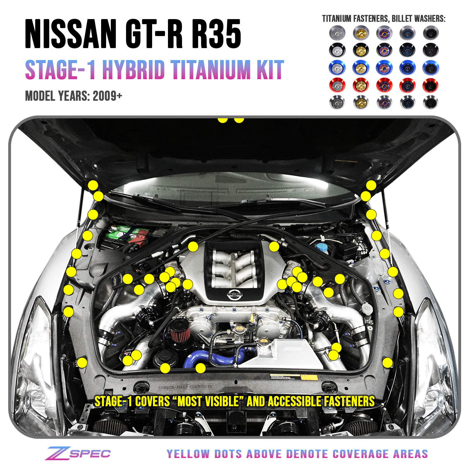 ZSPEC "Stage 1" Dress Up Bolts® Fastener Kit for '09-23 Nissan GTR (R35), Titanium & Billet - ZSPEC Design LLC - Hardware Fasteners - Fastener Kit, gt-r, gtr, nissan, r35, skyline, stage 1, titanium - zspecdesign.com