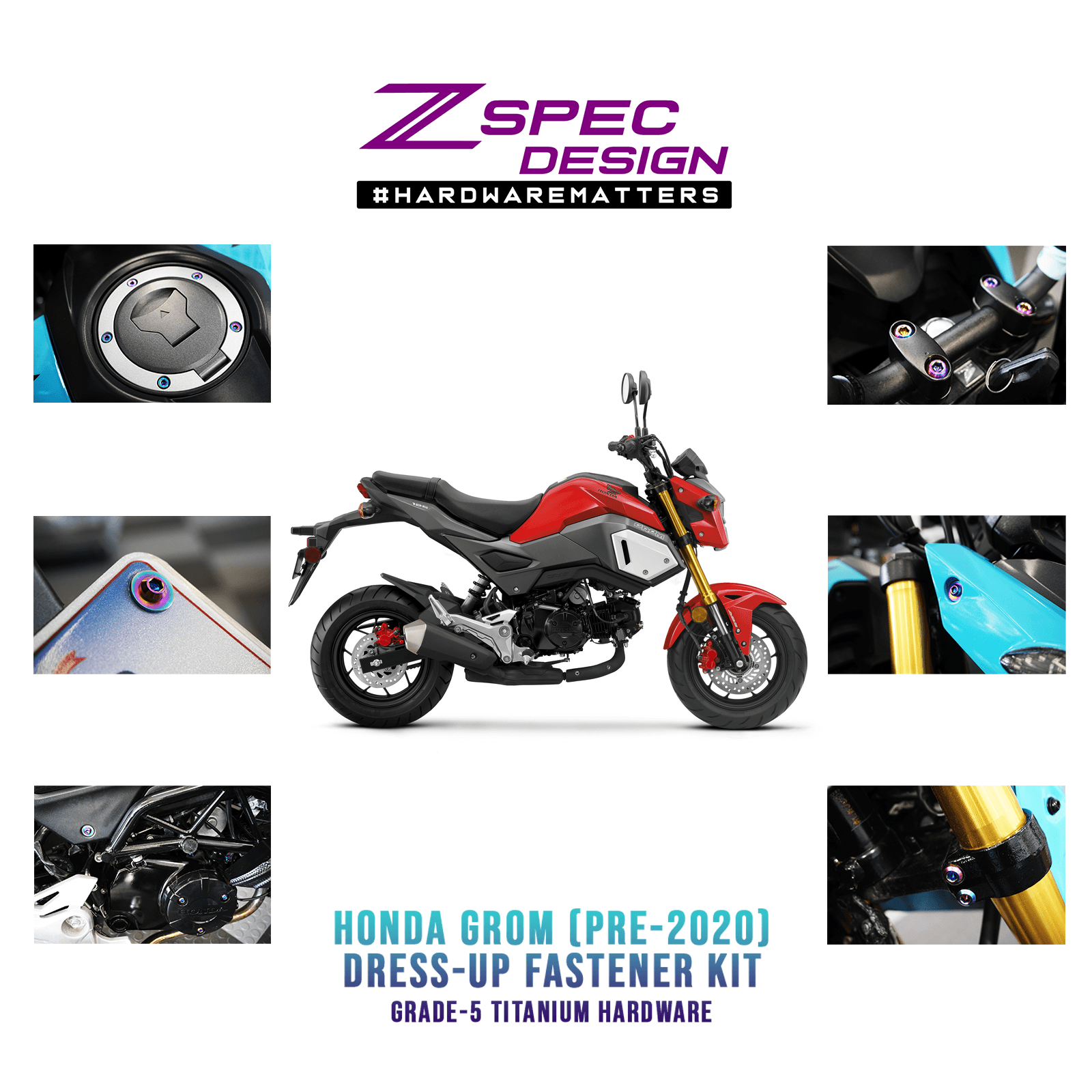 ZSPEC Dress-Up Bolts® Hardware Kit for the pre-2020 Honda Grom Platform, Titanium - ZSPEC Design LLC - Hardware Fasteners - Fastener Kit, grom, honda, Motorcycle - zspecdesign.com