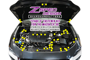 ZSPEC "Stage 3" Dress Up Bolts® Fastener Kit for Mazda CX030, Stainless & Billet  SUS304 Stainless Hardware Fasteners & Billet Aluminum Colored Finish Washers, Bagged & Labeled by Area ZSPEC Design