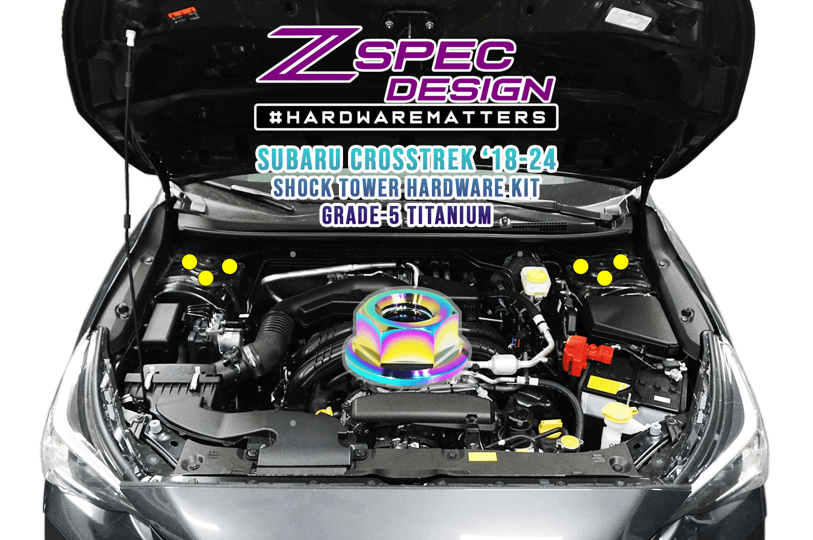 ZSPEC Front Struts Fastener Kit for '18-24 Subaru CrossTrek, Titanium Grade-5, Six Nuts - ZSPEC Design LLC - Hardware Fasteners - crosstrek, Fastener Kit, shock tower, subaru, Washer Color - zspecdesign.com