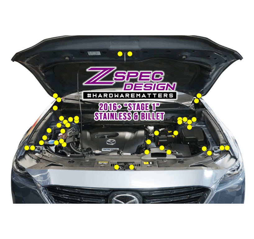 ZSPEC "Stage 1" Dress Up Bolts® Fastener Kit for '16-23 Mazda CX-9, Stainless & Billet - ZSPEC Design LLC - Hardware Fasteners - cx-9, Fastener Kit, mazda, stage 1 - zspecdesign.com