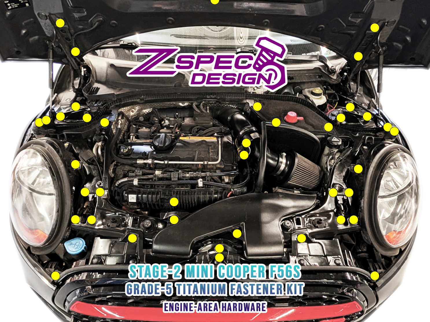 ZSPEC Stage-2 Dress Up Bolts® Fastener Kit for Mini Cooper F56s, Titanium
Lightweight Grade-5 Titanium
Bagged & Labeled by Area
Engine Washers Hardware