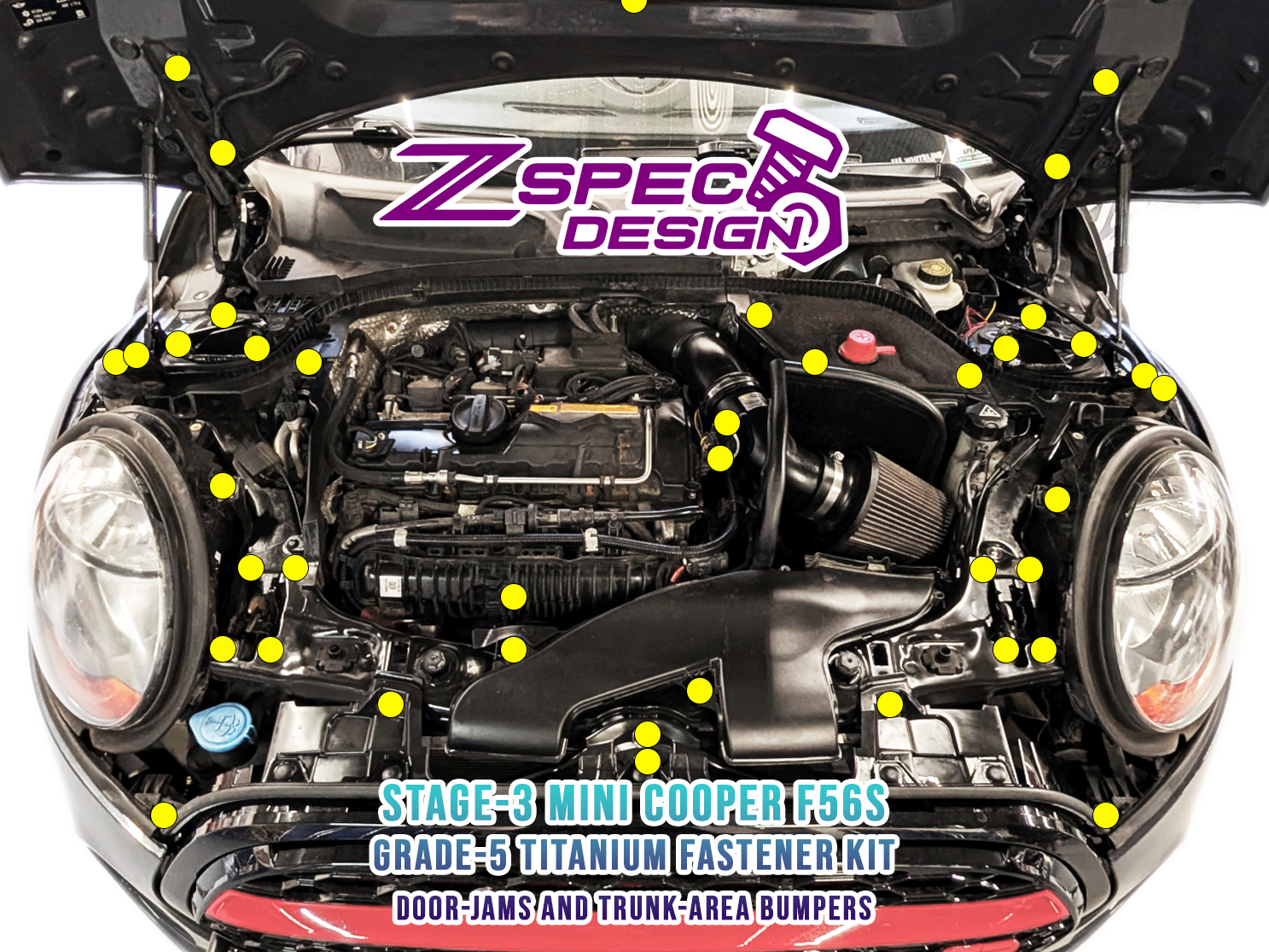 ZSPEC Stage-3 Dress Up Bolts® Fastener Kit for Mini Cooper F56s, Lightweight Grade-5 Titanium - Bagged & Labeled by Area