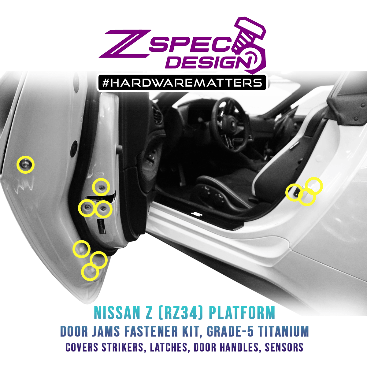 ZSPEC Dress Up Bolts® Fastener Kit, Door Jams Area for 2023+ Nissan Z RZ34, Titanium - ZSPEC Design LLC - Hardware Fasteners - door, door jam, Fastener Kit, nissan, nissan z, RZ34 - zspecdesign.com