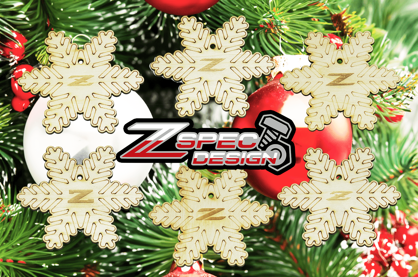 ZSPEC Laser-Engraved Wood Ornaments, Set of Six Nissan Z-Snowflakes, 3.75" - ZSPEC Design LLC - Holiday Ornaments - holiday, nissan, ornament, Z - zspecdesign.com