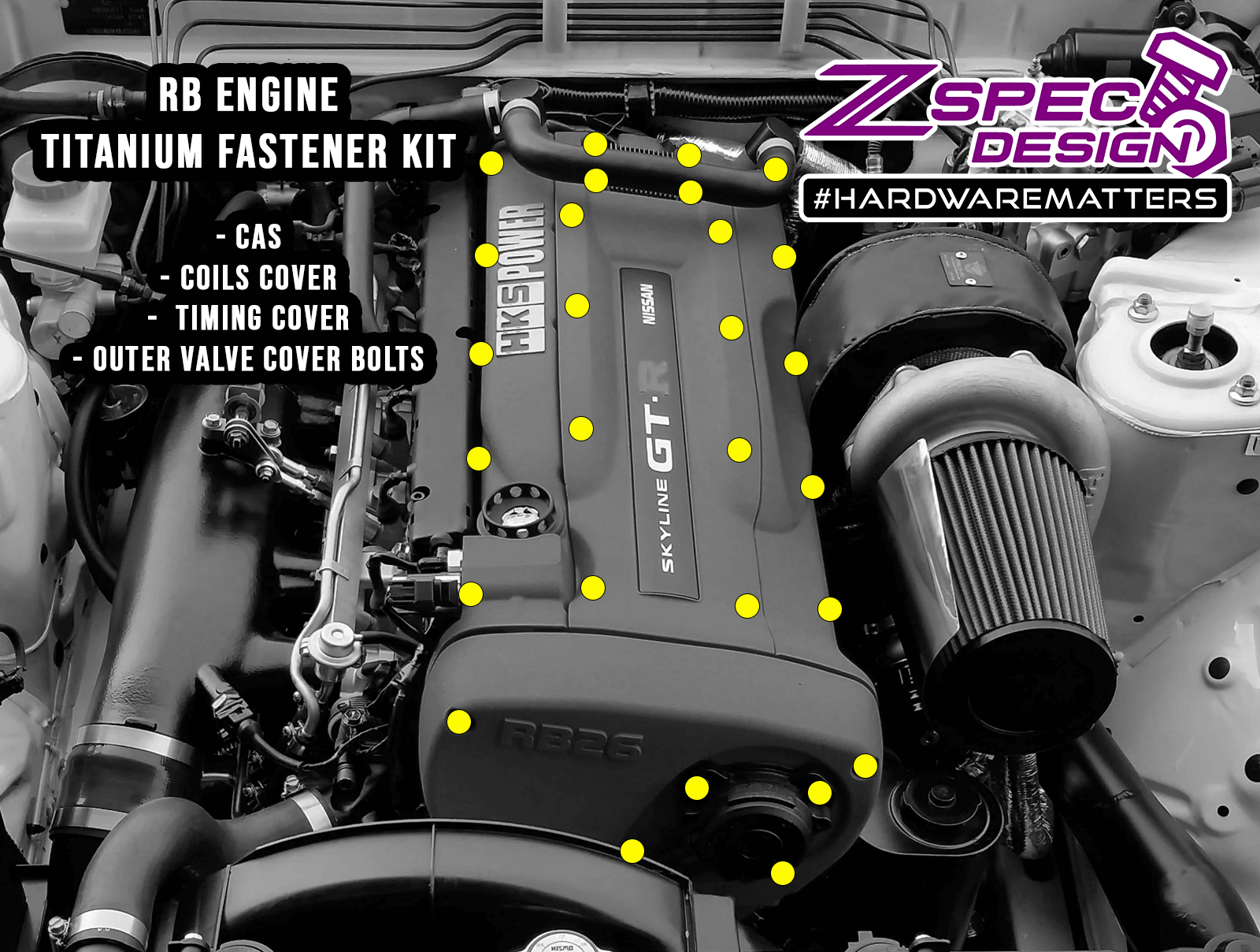 ZSPEC Dress Up Bolts® Hardware Kit for the RB25 Engine, Titanium
Grade-5 Titanium (40-45% weight-savings, non-corrosive)
Engines: RB25DETT