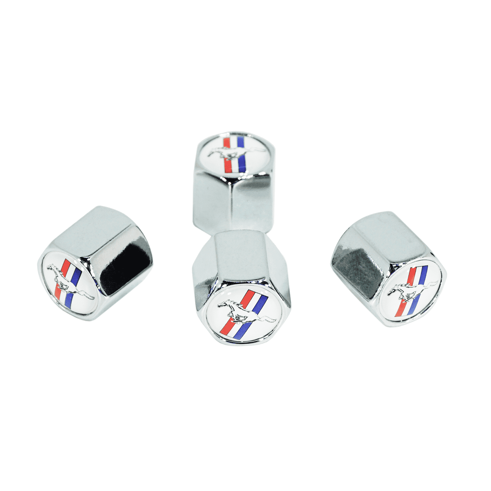 Chrome Valve Stem Tire Caps, Style: Mustang, White Background - ZSPEC Design LLC - Hardware Fasteners - cap, ford, fox, mustang, s197, s550, sn95, tire - zspecdesign.com