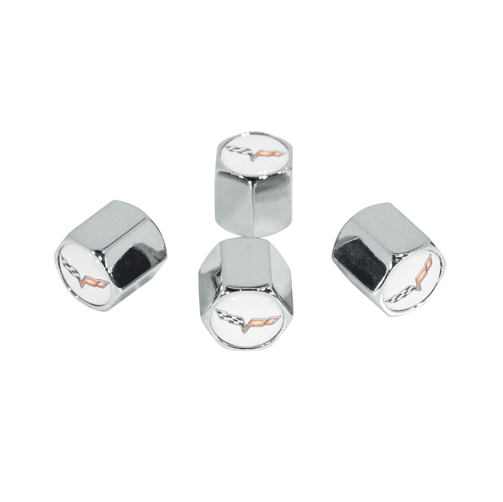 Chrome Valve Stem Tire Caps, Style: Corvette, White Background - ZSPEC Design LLC - Hardware Fasteners - cap, Corvette, tire - zspecdesign.com