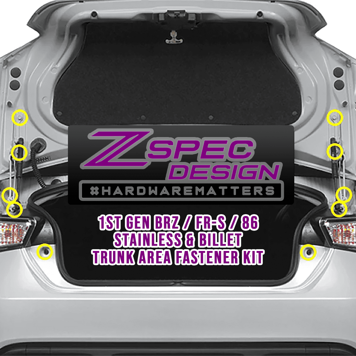 ZSPEC Trunk Dress Up Bolts® Kit for Scion FRS/Subaru BRZ/Toyota 86 '13-21, Stainless & Billet - ZSPEC Design LLC - Hardware Fasteners - 86, BRZ, Fastener Kit, FRS, scion, stainless, Subaru, Toyota, Washer Color - zspecdesign.com