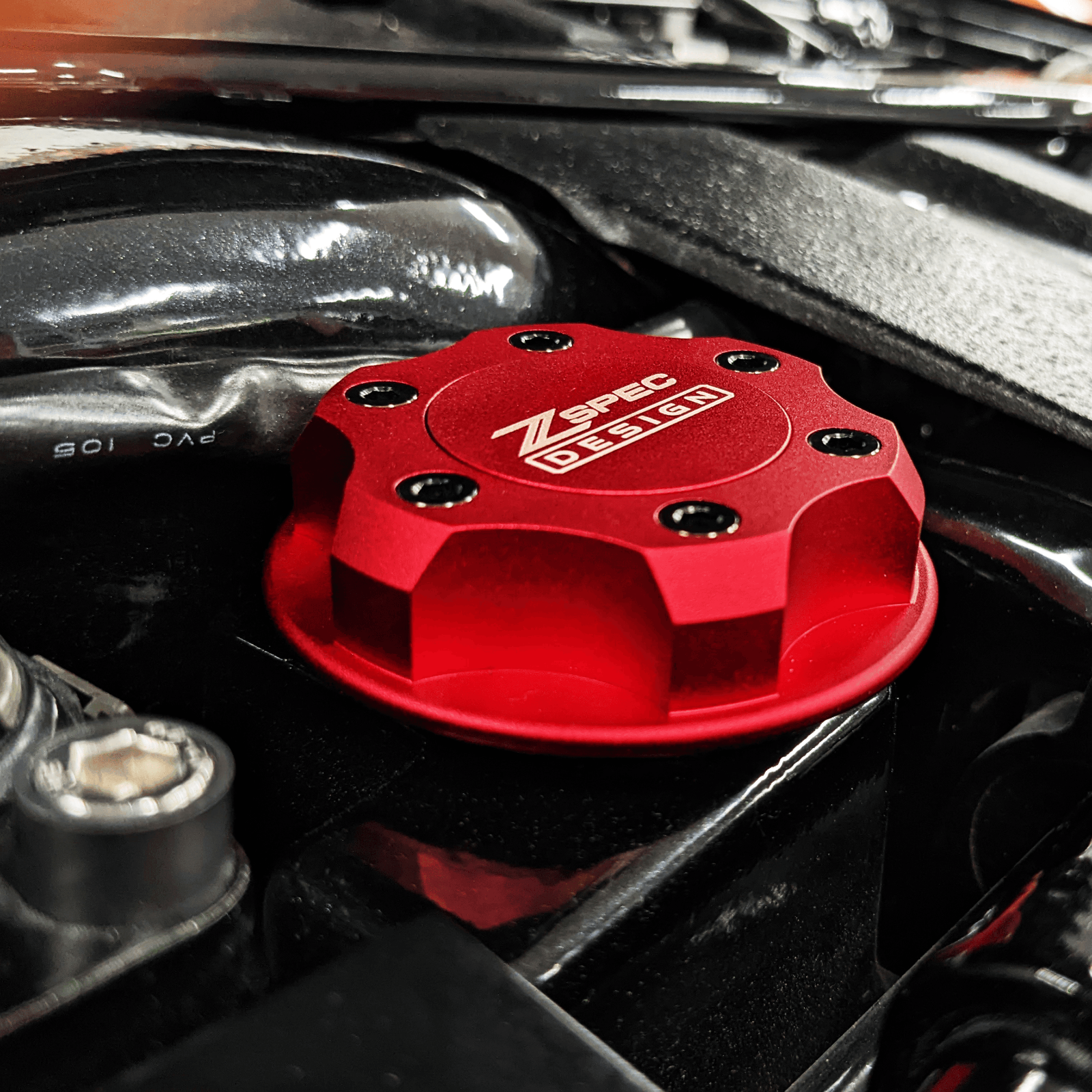 ZSPEC Billet Oil Filler Cap for Nissan/Infiniti/Datsun, Red Cap w/ Titanium Accents - ZSPEC Design LLC - Hardware Fasteners - 2023, 240sx, 240z, 260z, 280z, 280zx, 300z, 300zx, 350z, 370z, 380RS, 400z, accessory, bob sharp, cap, d40, d41, DE & HR, DE & REVUP, FairladyZ, frontier, g35, g37, GT-R, GTR, hakosuka, j30, nismo, nissan, nissanz, nisssan, oil, oil cap, q50, q60, R32, R34, RB20, RB25, RB26, RB30, rogue, RZ34, s30, titan, VQ, vq37, VR, vr30ddtt, z, z31, z32, z33, z34, z34 s2, z34s2 - zspecdesign.com