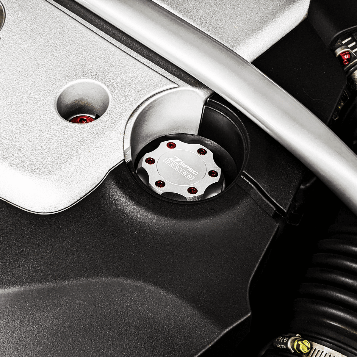 ZSPEC Billet Oil Filler Cap - Silver w/ Titanium Accents, Engine Bay Dress Up Nissan Datsun Z ZX 300zx 350z 370z Frontier RZ34 Titan VQ35/37/38/40 VR30/38 RB20/26/26/30 VK56 VG30 & Datsun L-Series L24/26/28