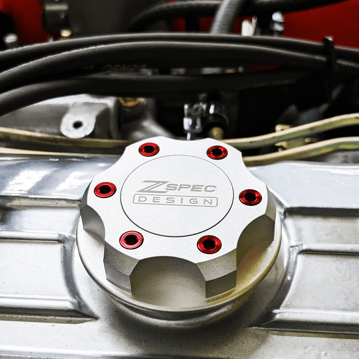ZSPEC Billet Oil Filler Cap - Silver w/ Titanium Accents, Engine Bay Dress Up Nissan Datsun Z ZX 300zx 350z 370z Frontier RZ34 Titan VQ35/37/38/40 VR30/38 RB20/26/26/30 VK56 VG30 & Datsun L-Series L24/26/28