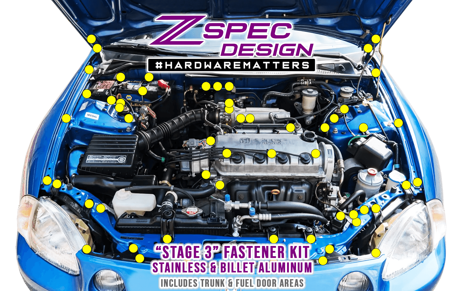 ZSPEC "Stage 3" Dress Up Bolts® Fastener Kit for '97-99 Honda Civic/Del Sol 1.6L D-Series, Stainless & Billet - ZSPEC Design LLC - Hardware Fasteners - civic, d-series, del sol, Fastener Kit, honda, stage 3 - zspecdesign.com