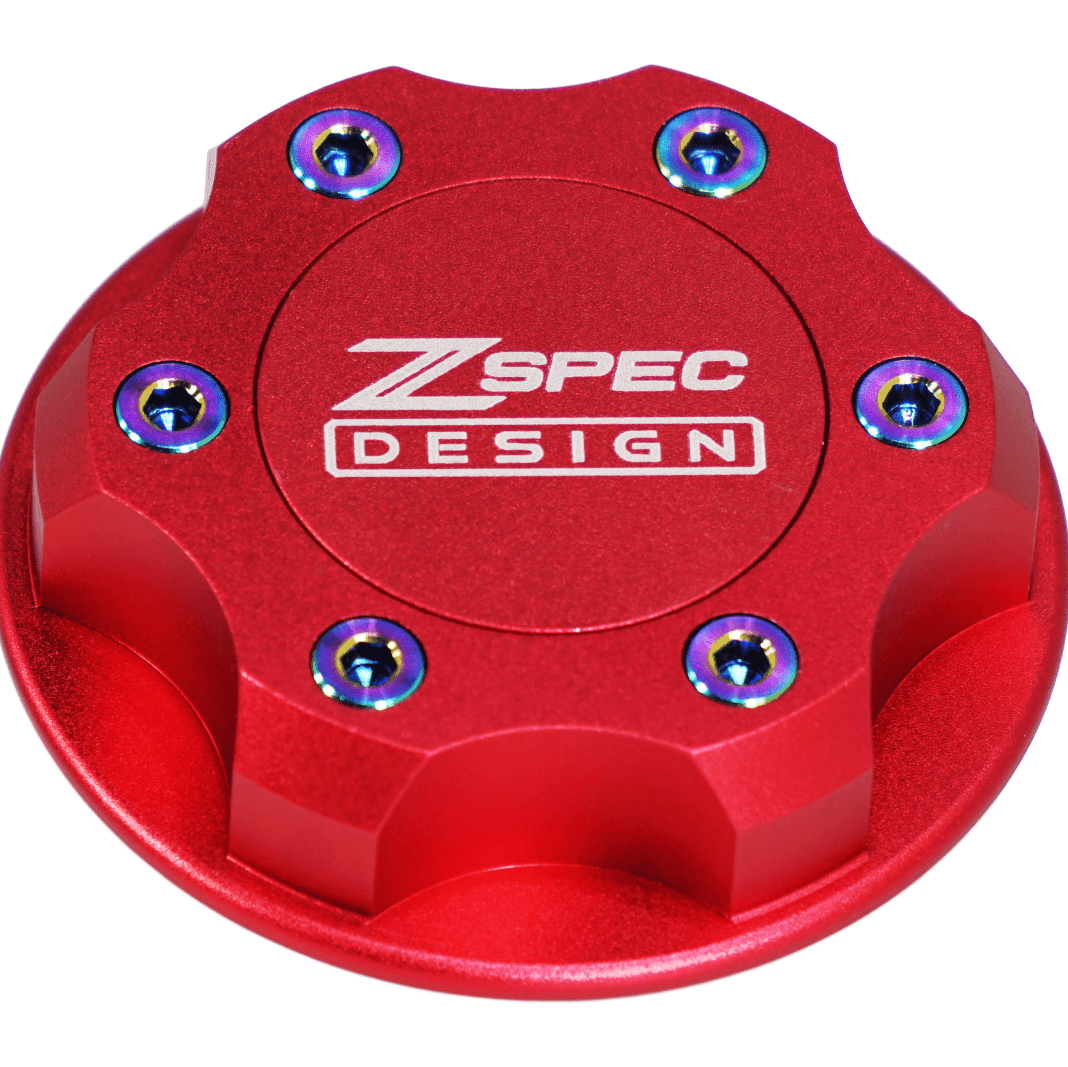 ZSPEC Billet Oil Filler Cap for Nissan/Infiniti/Datsun, Red Cap w/ Titanium Accents - ZSPEC Design LLC - Hardware Fasteners - 2023, 240sx, 240z, 260z, 280z, 280zx, 300z, 300zx, 350z, 370z, 380RS, 400z, accessory, bob sharp, cap, d40, d41, DE & HR, DE & REVUP, FairladyZ, frontier, g35, g37, GT-R, GTR, hakosuka, j30, nismo, nissan, nissanz, nisssan, oil, oil cap, q50, q60, R32, R34, RB20, RB25, RB26, RB30, rogue, RZ34, s30, titan, VQ, vq37, VR, vr30ddtt, z, z31, z32, z33, z34, z34 s2, z34s2 - zspecdesign.com