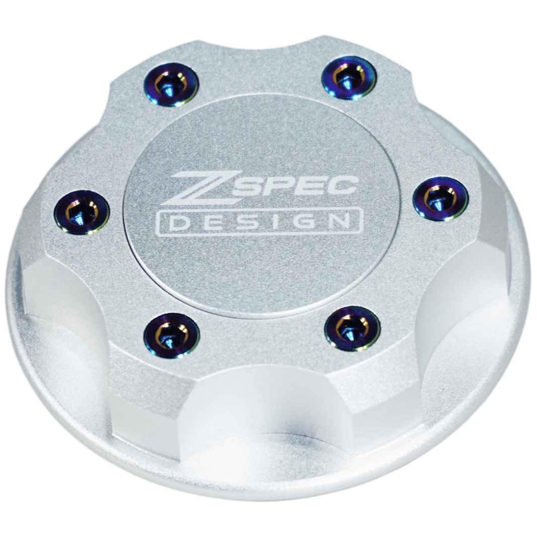 ZSPEC Billet Oil Filler Cap - Silver w/ Titanium Accents, Engine Bay Dress Up Nissan Datsun Z ZX 300zx 350z 370z Frontier RZ34 Titan VQ35/37/38/40 VR30/38 RB20/26/26/30 VK56 VG30 & Datsun L-Series L24/26/28