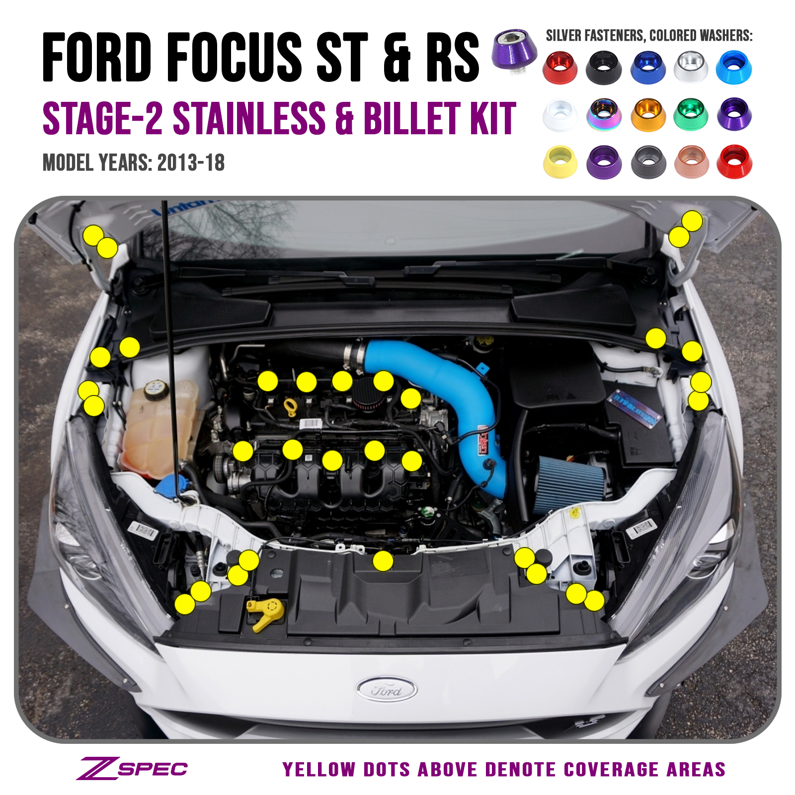 ZSPEC "Stage 2" Dress Up Bolts® Fastener Kit for Ford Focus RS & ST, Stainless & Billet - ZSPEC Design LLC - Hardware Fasteners - Fastener Kit, focus, ford, rs, st, stage 2 - zspecdesign.com