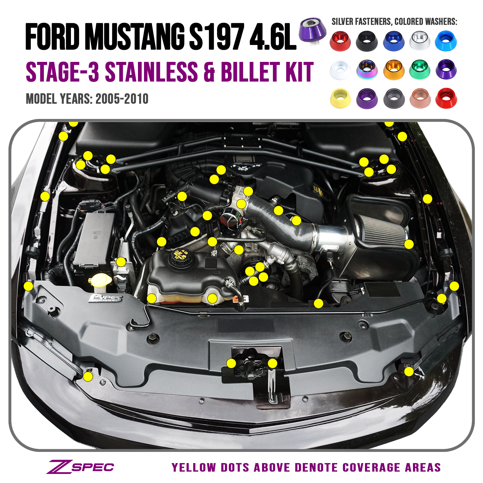 ZSPEC "Stage 3" Dress Up Bolts® Fastener Kit for 05-14 Ford Mustang 3.7L S197, Stainless & Billet - ZSPEC Design LLC - Hardware Fasteners - Fastener Kit, ford, mustang, s197, stage 3, v8 - zspecdesign.com