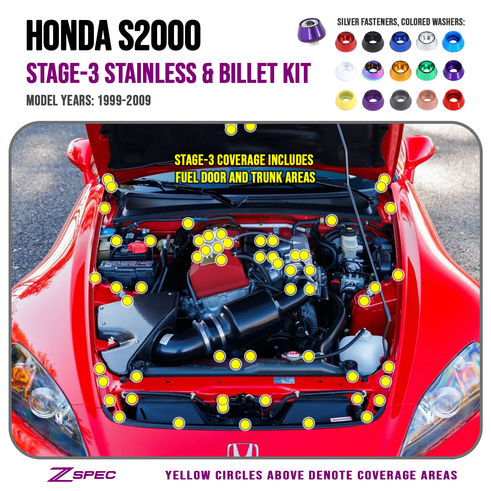 ZSPEC "Stage 3" Dress Up Bolts® Fastener Kit for '99-09 Honda S2000, Stainless & Billet - ZSPEC Design LLC - Hardware Fasteners - Fastener Kit, honda, s2000, stage 3 - zspecdesign.com